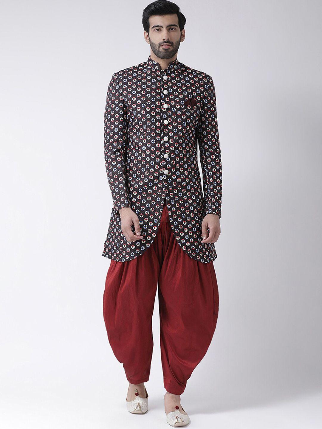 hangup trend men black & maroon printed sherwani set