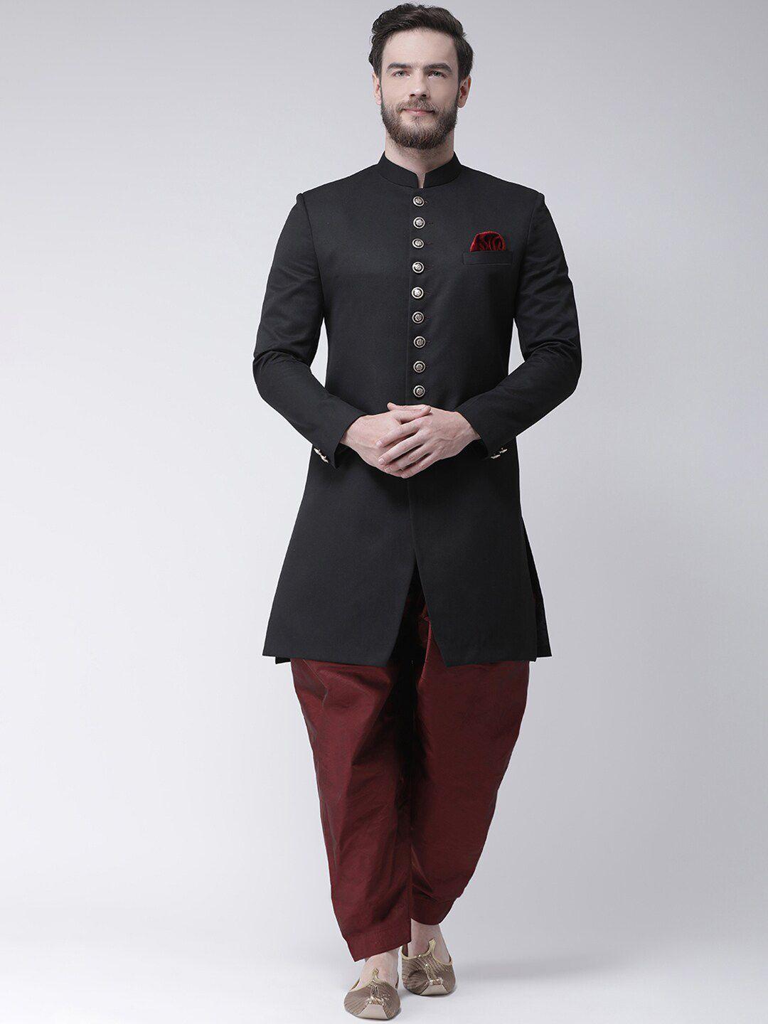 hangup trend men black & maroon solid sherwani set