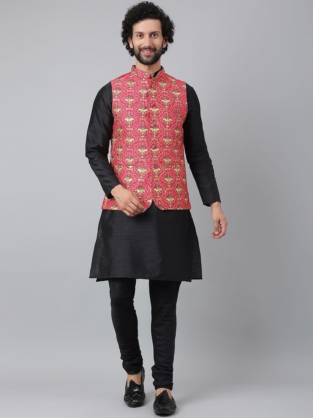 hangup trend men black & pink solid kurta with pyjamas & with embroidered nehru jacket