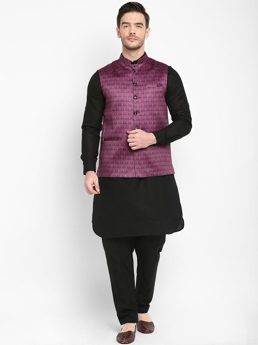 hangup trend men black & violet solid kurta with pyjamas & nehru jacket