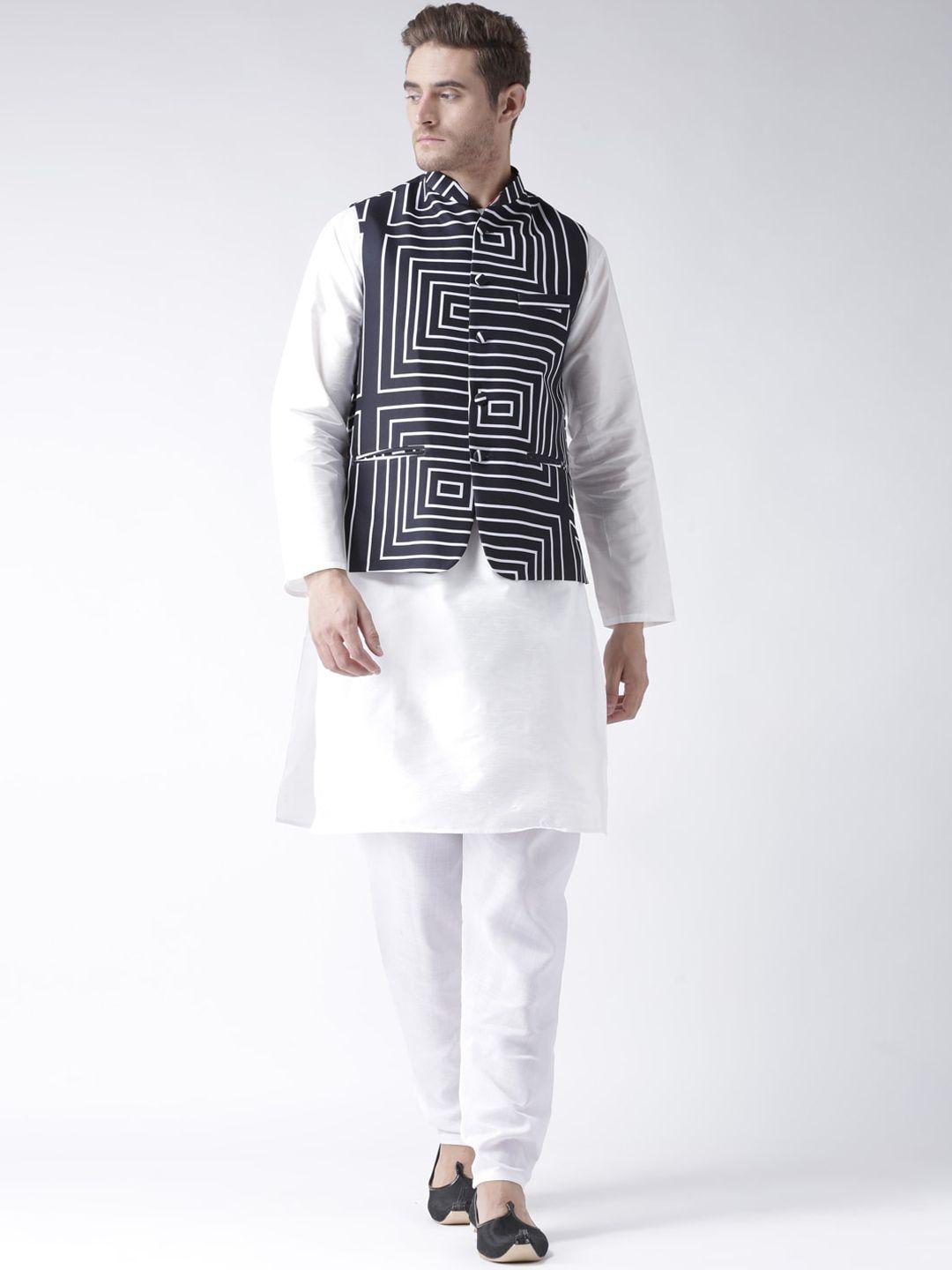 hangup trend men black & white kurta with pyjamas & with nehru jacket