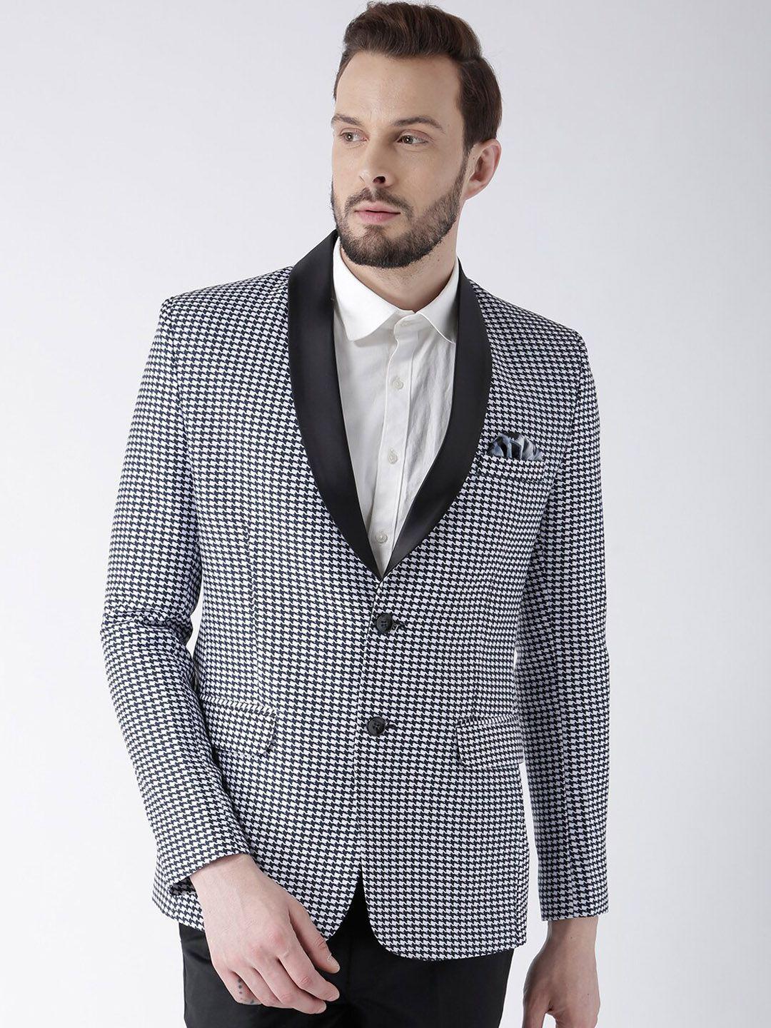 hangup trend men black & white printed regual fit single breasted formal blazer