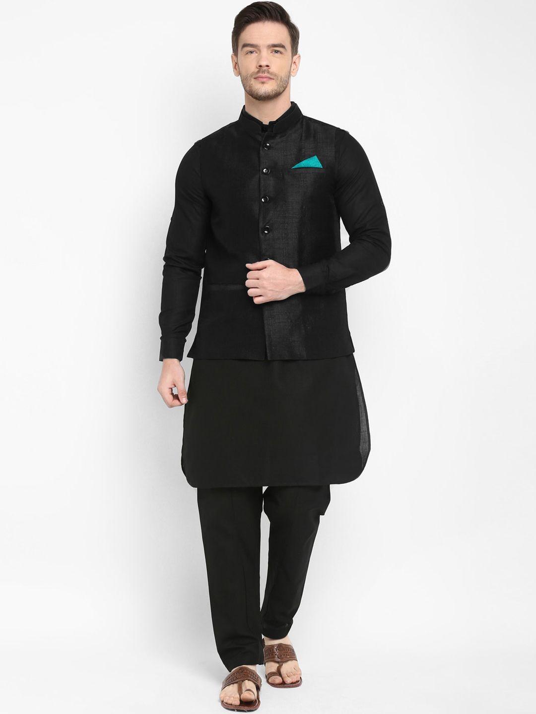 hangup trend men black solid kurta with pyjamas & nehru jacket