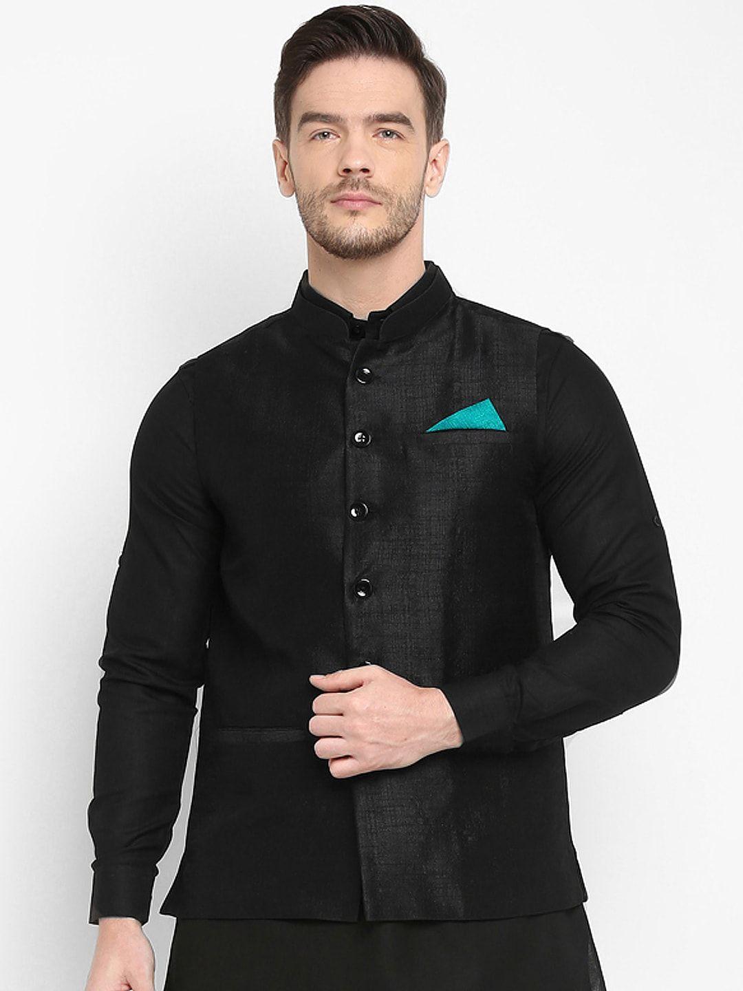 hangup trend men black solid pure silk woven nehru jacket