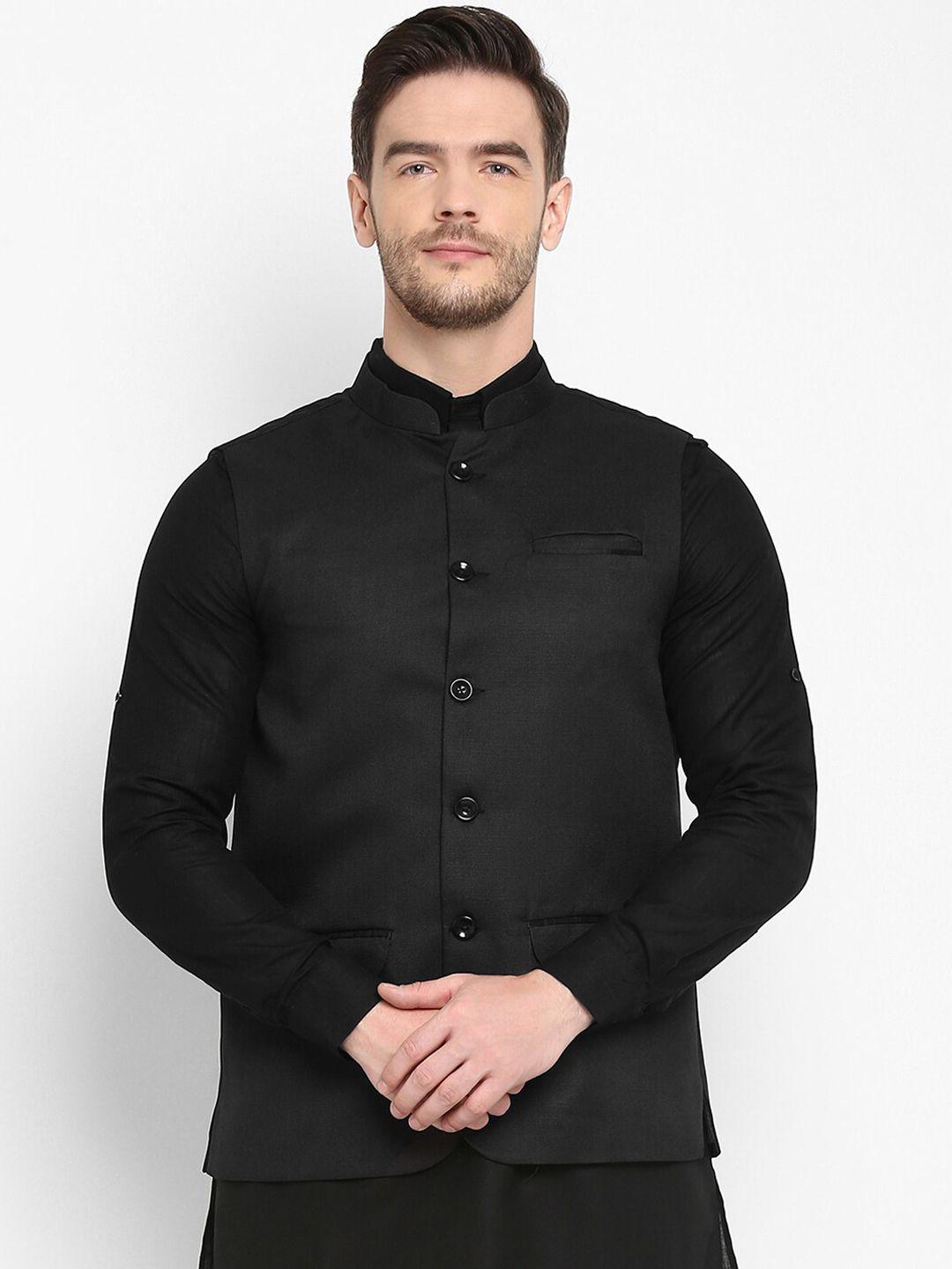hangup trend men black solid woven nehru jacket