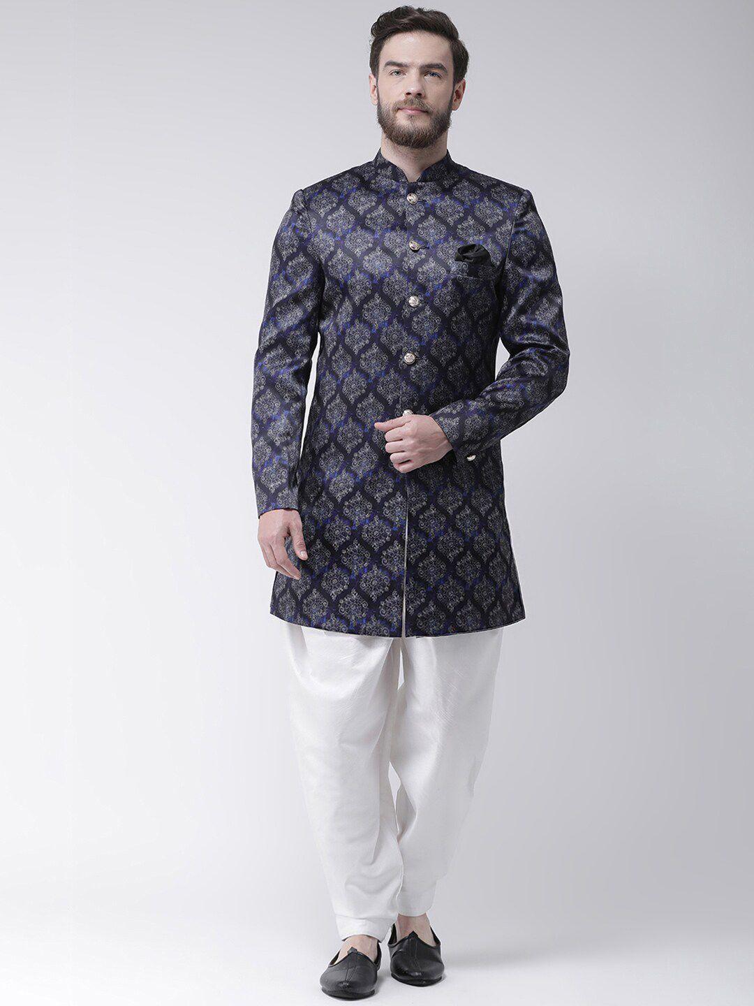 hangup trend men blue & white printed above knee length sherwani with dhoti pant set