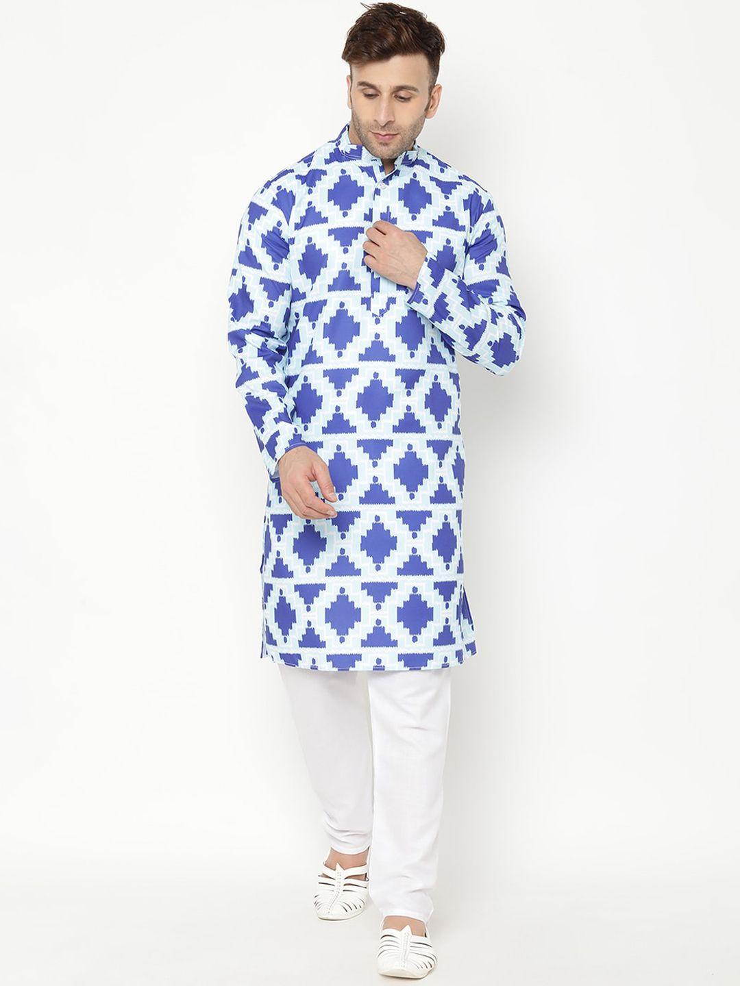 hangup trend men blue & white printed kurta with pyjamas