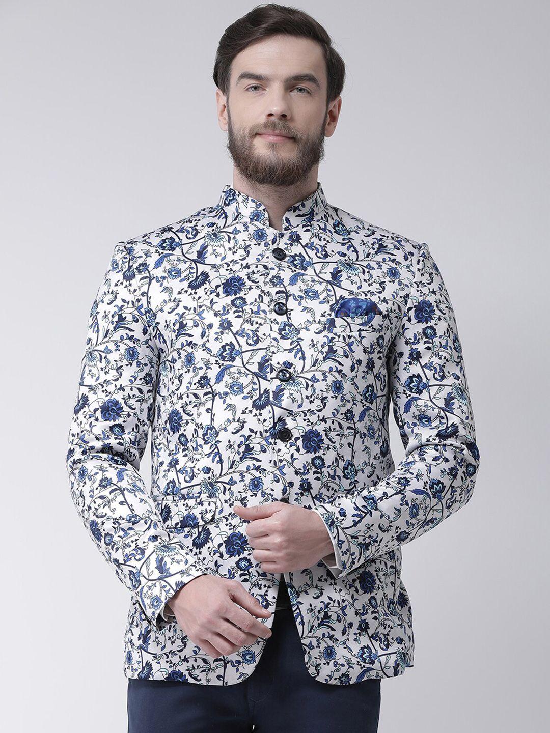 hangup trend men blue & white printed single-breasted bandhgala blazer