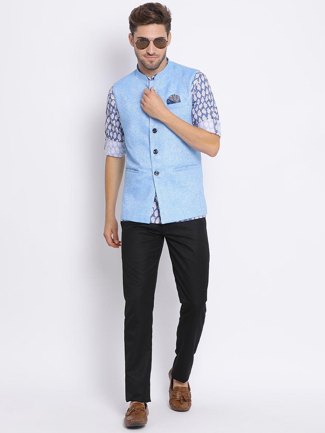 hangup trend men blue ethnic motifs printed kurta with pyjamas with nehru jacket