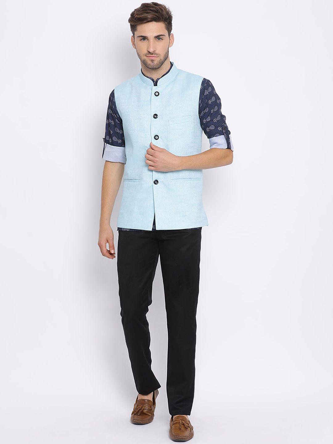 hangup trend men blue floral kurta and waistcoat with trouser set