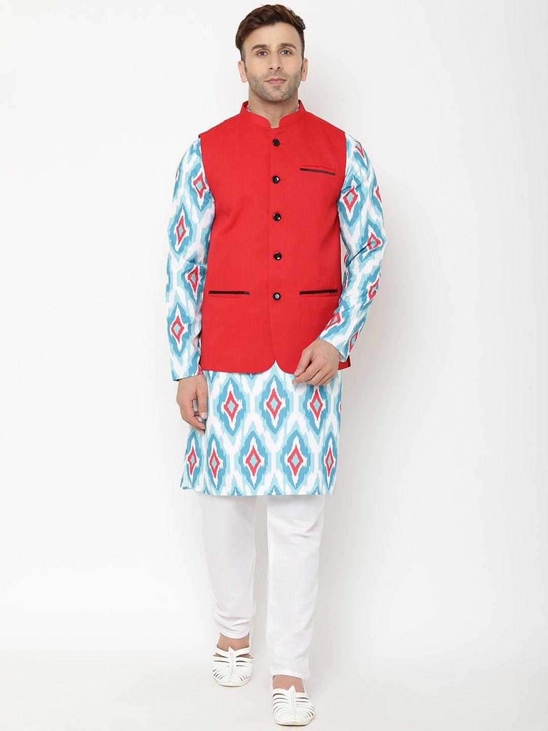 hangup trend men blue printed kurta & pyjamas with nehru jacket