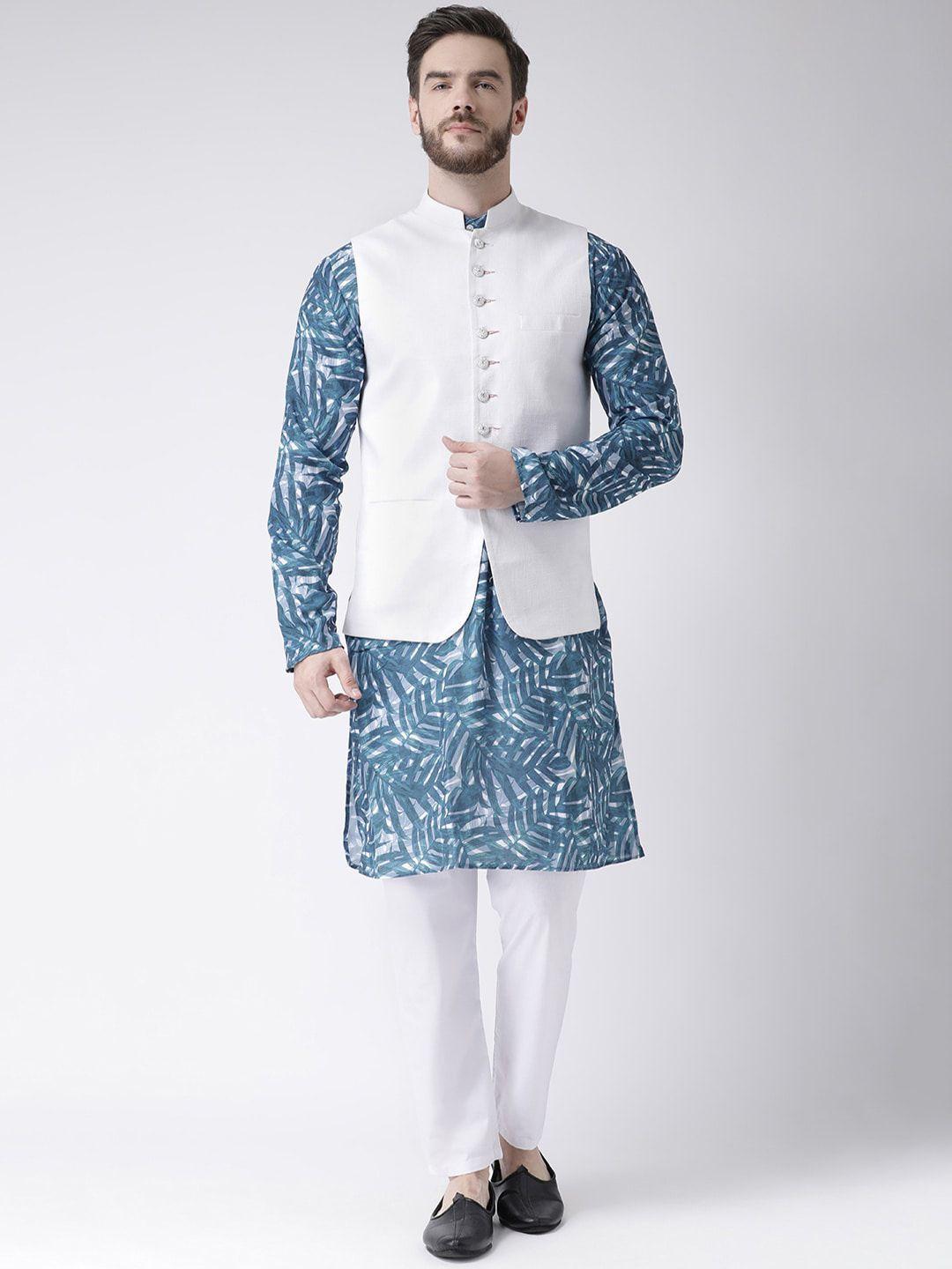 hangup trend men blue printed kurta set with nehru jacket