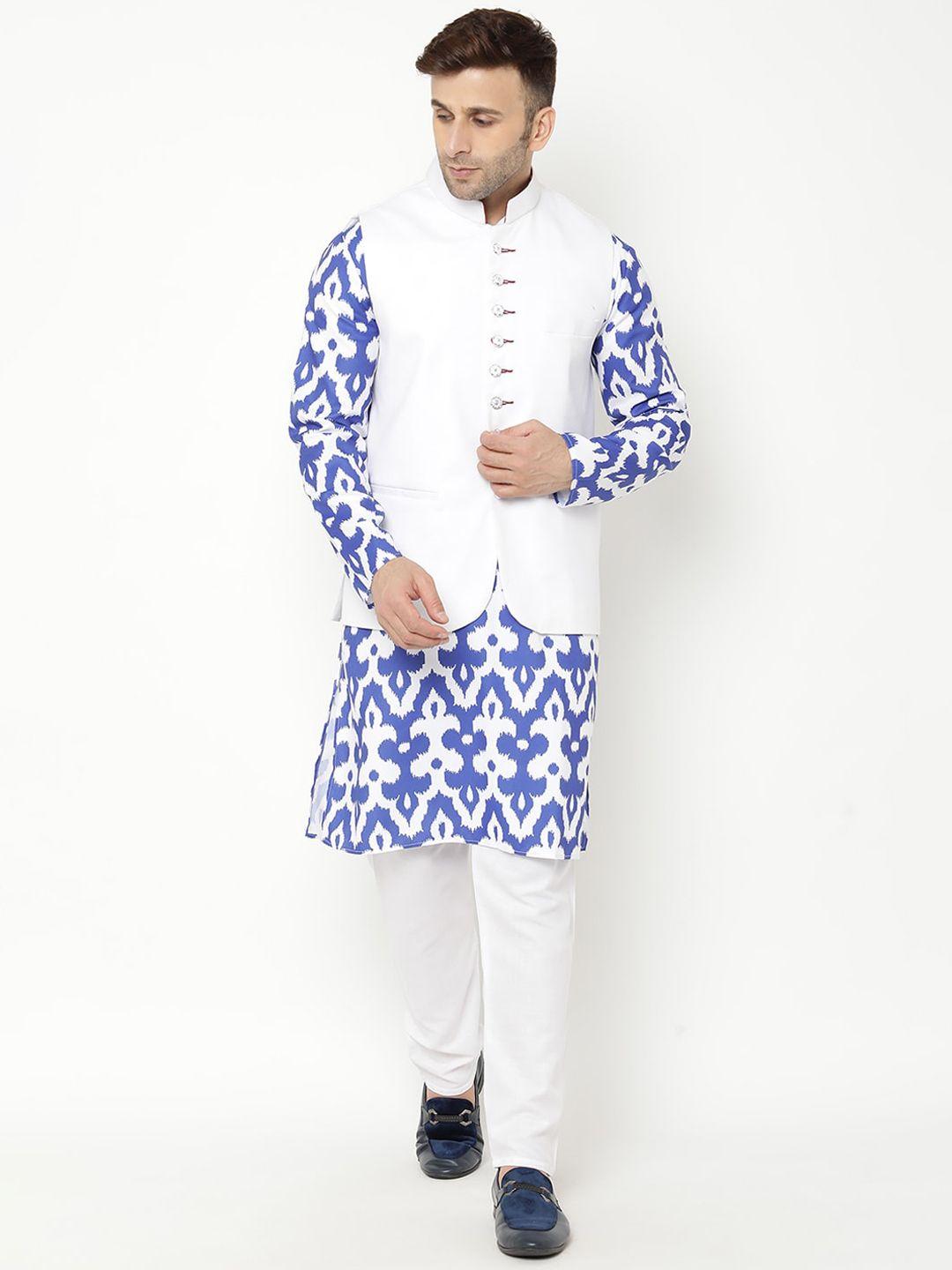 hangup trend men blue printed kurta with churidar with nehru jacket