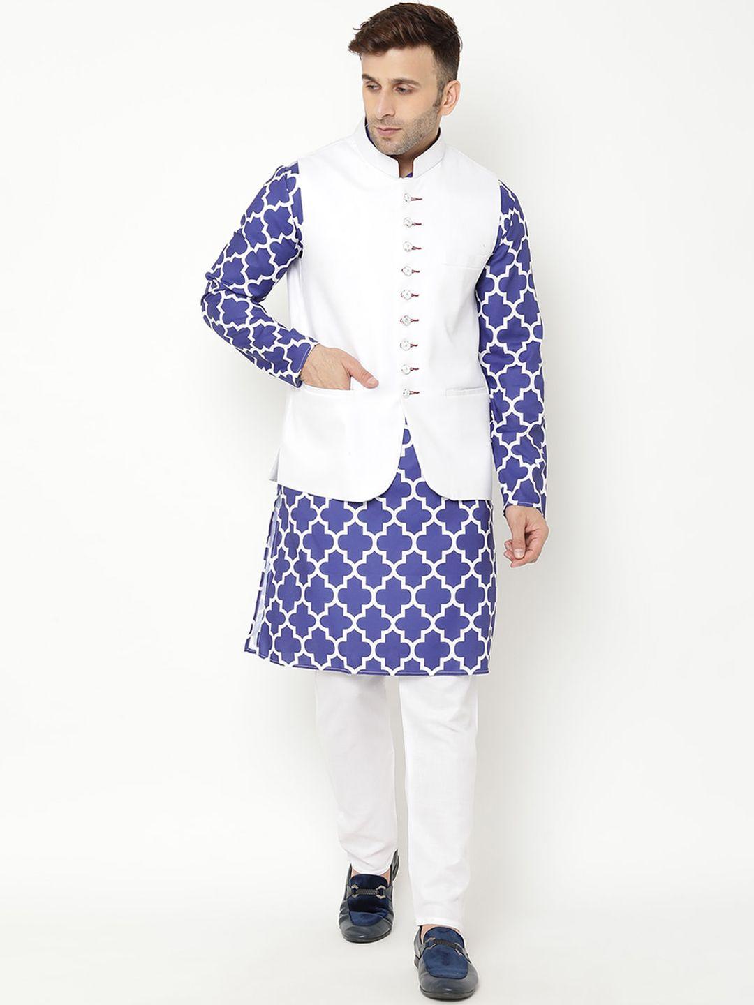 hangup trend men blue printed kurta with pyjamas & nehru jacket