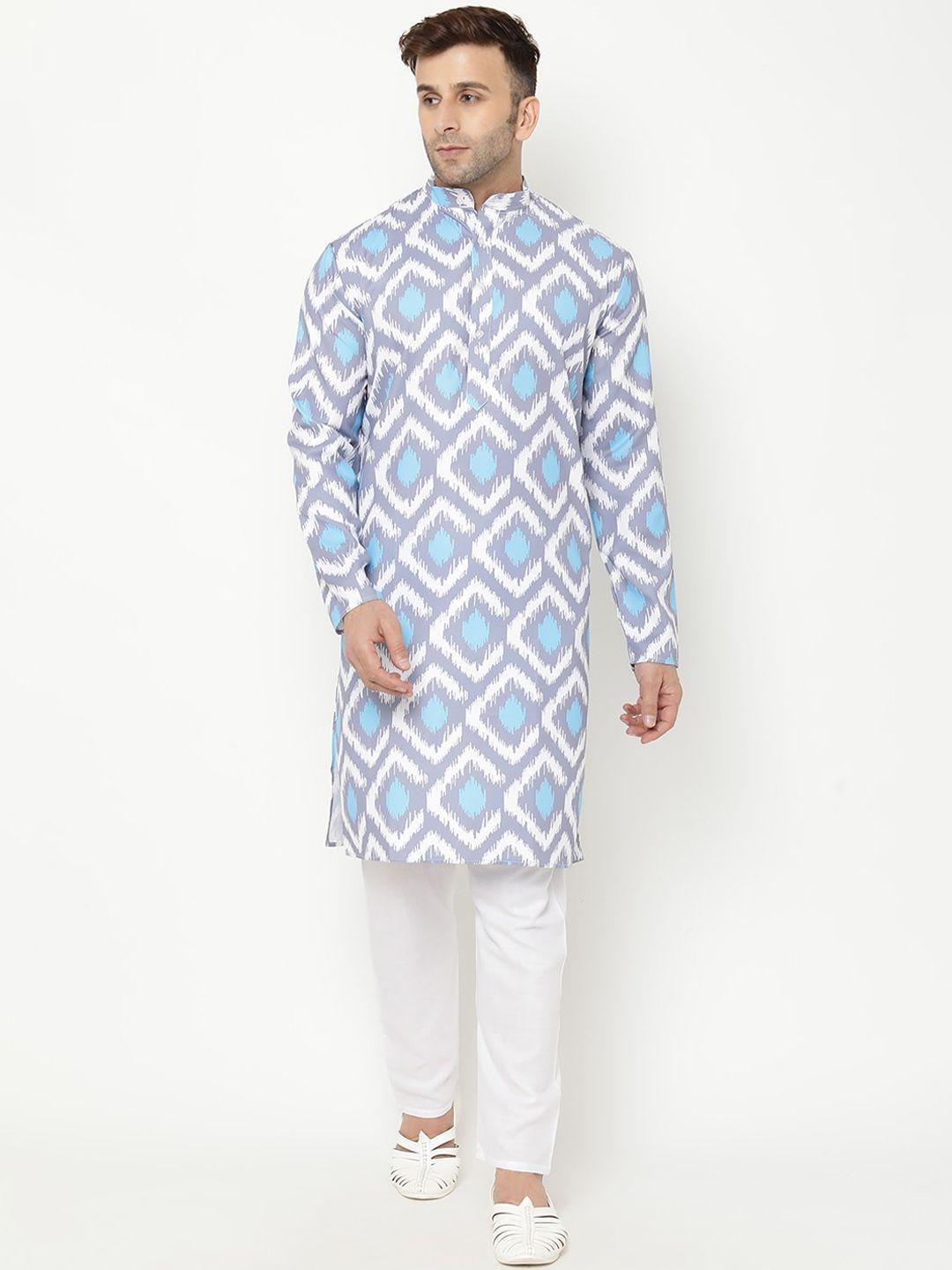 hangup trend men blue printed kurta with pyjamas
