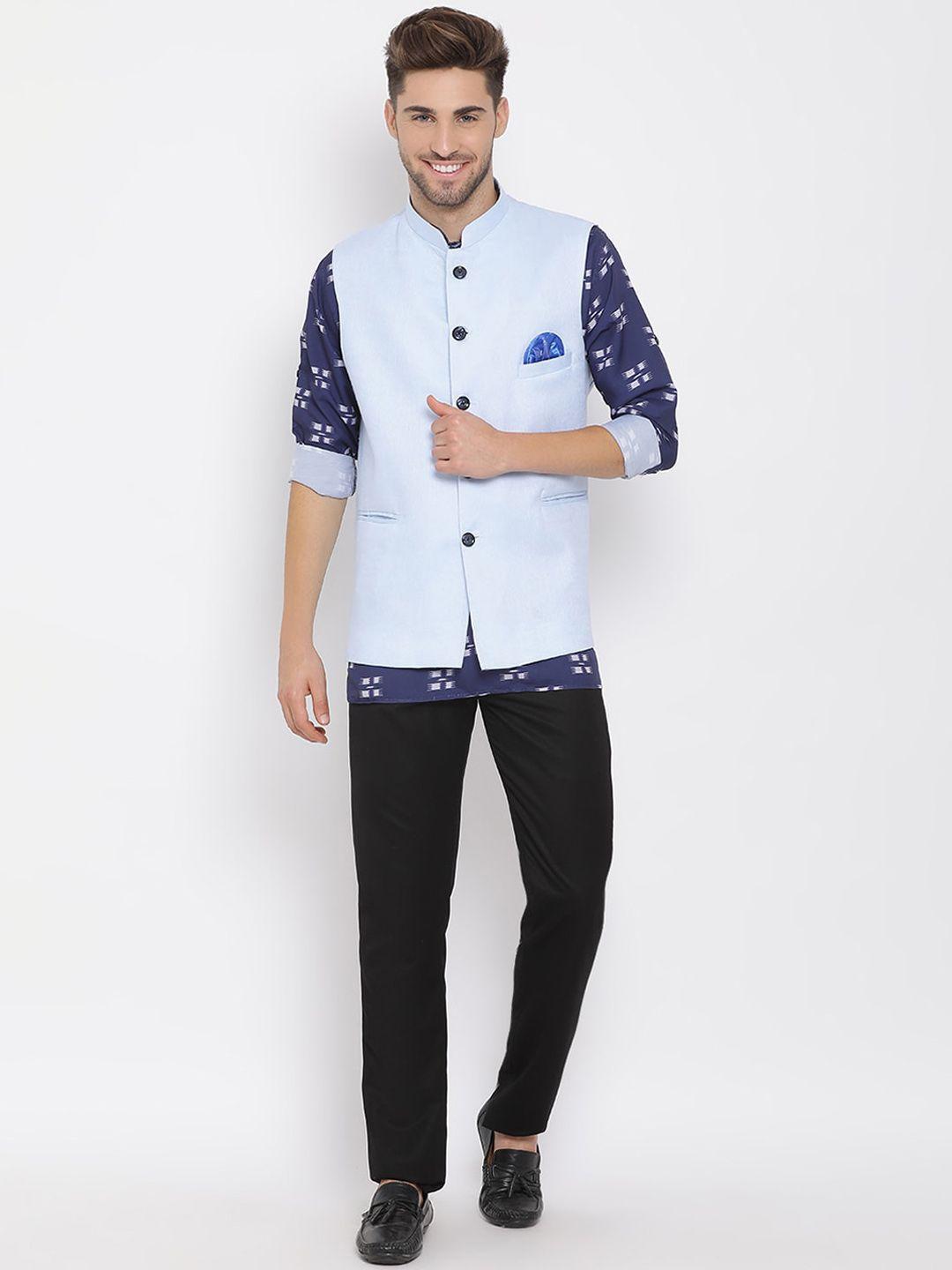 hangup trend men blue printed linen kurta with trousers with nehru jacket