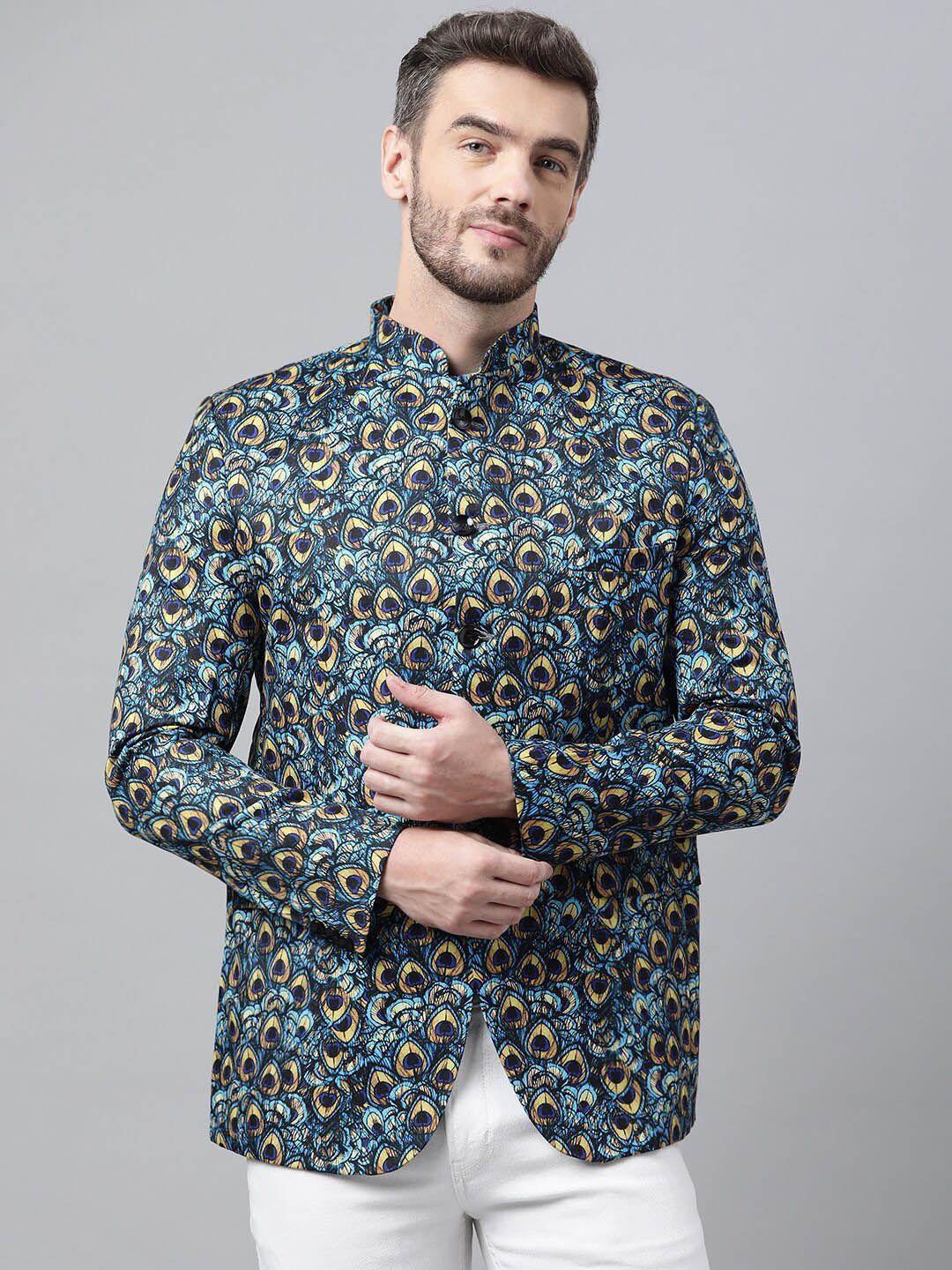 hangup trend men blue printed single-breasted bandhgala blazer