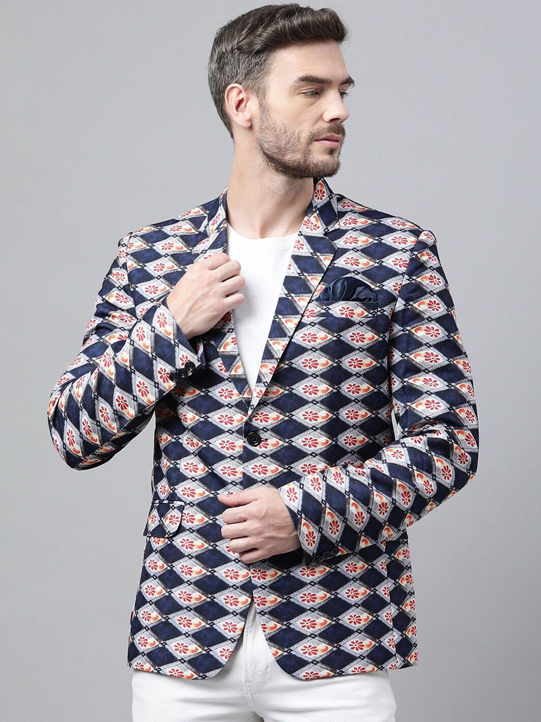 hangup trend men blue printed single breasted blazer