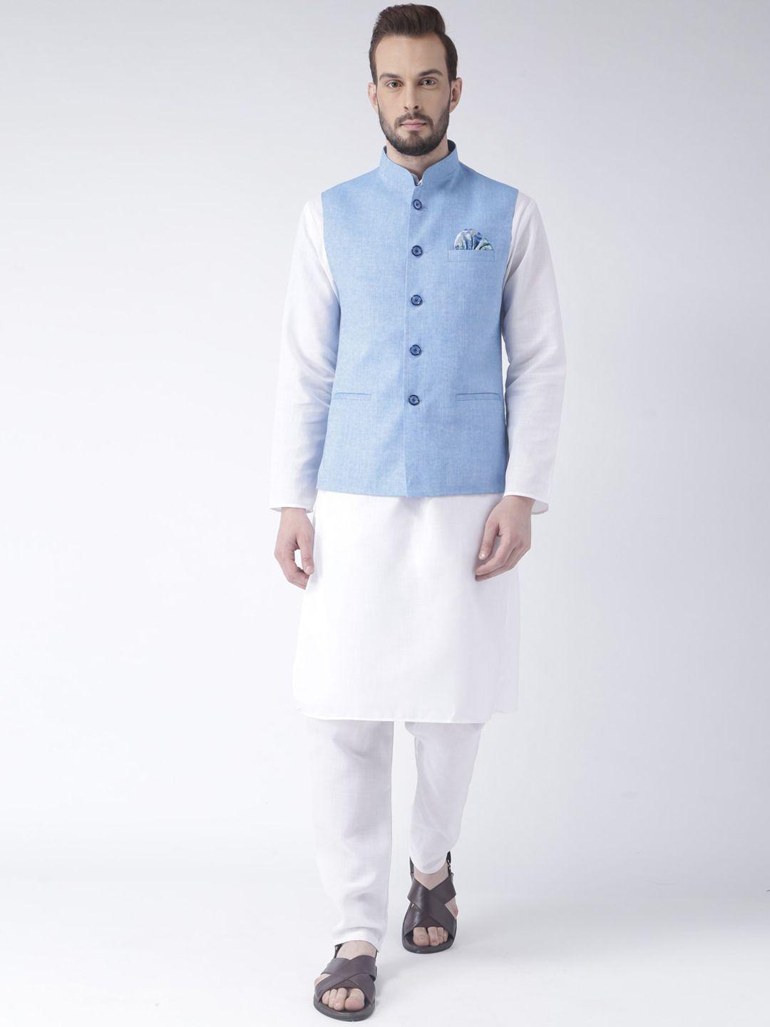 hangup trend men blue pure cotton kurta with pyjama and nehru jacket