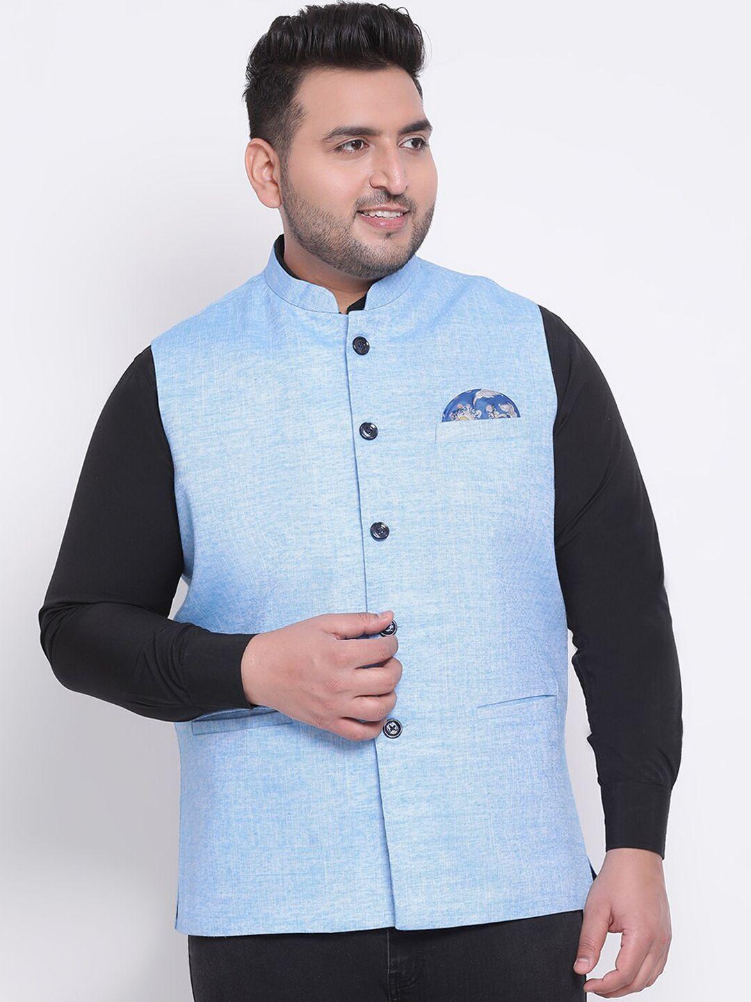 hangup trend men blue woven-design linen nehru jacket