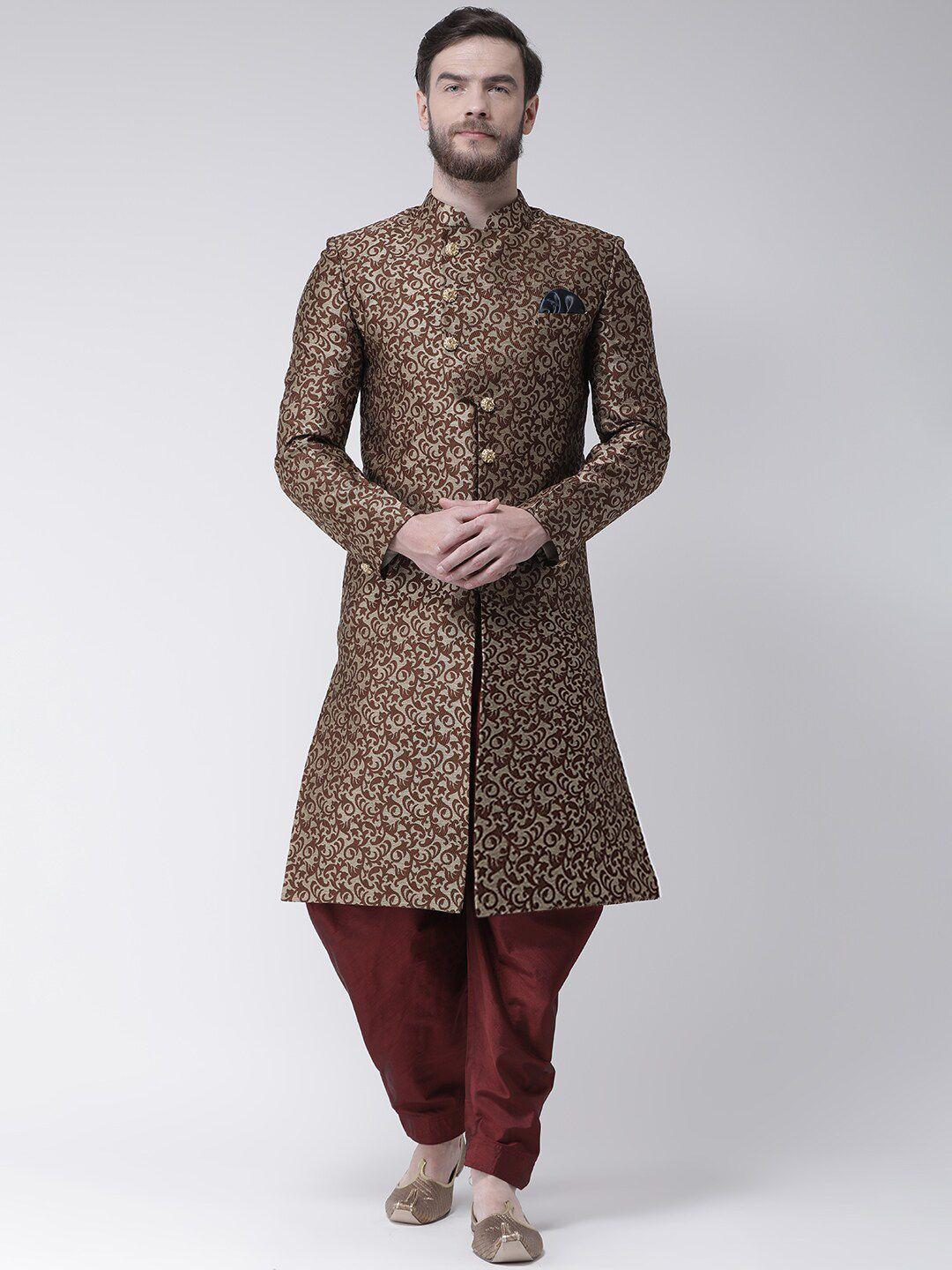 hangup trend men brown & maroon woven design sherwani