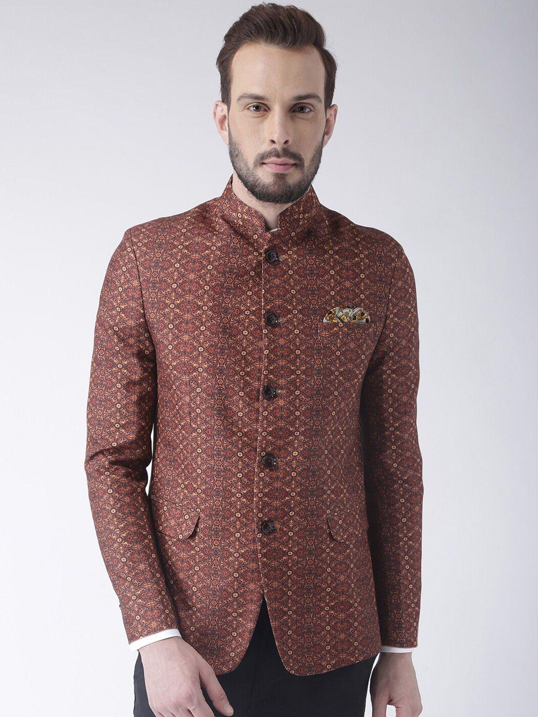 hangup trend men brown & orange printed bandhgala single breasted ethnic blazer