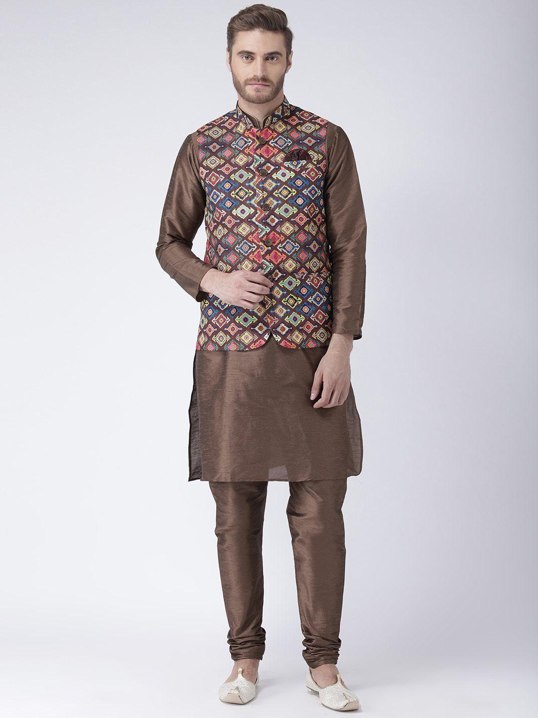 hangup trend men brown ethnic motifs kurta with pyjamas & with nehru jacket