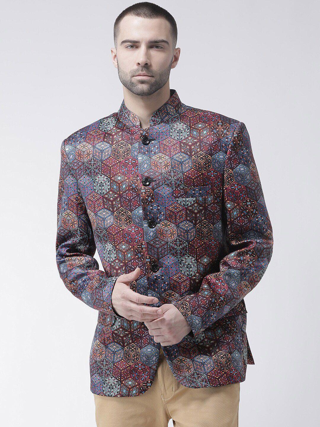 hangup trend men brown printed single-breasted bandhgala blazer