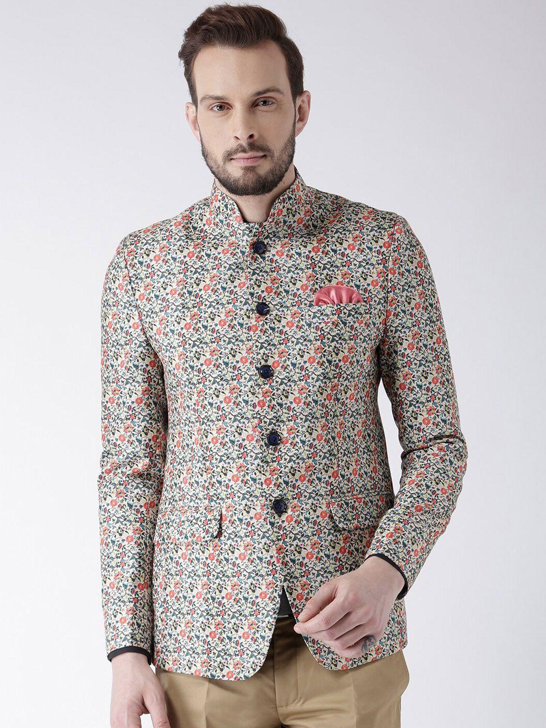 hangup trend men cream colored printed single-breasted bandhgala blazer