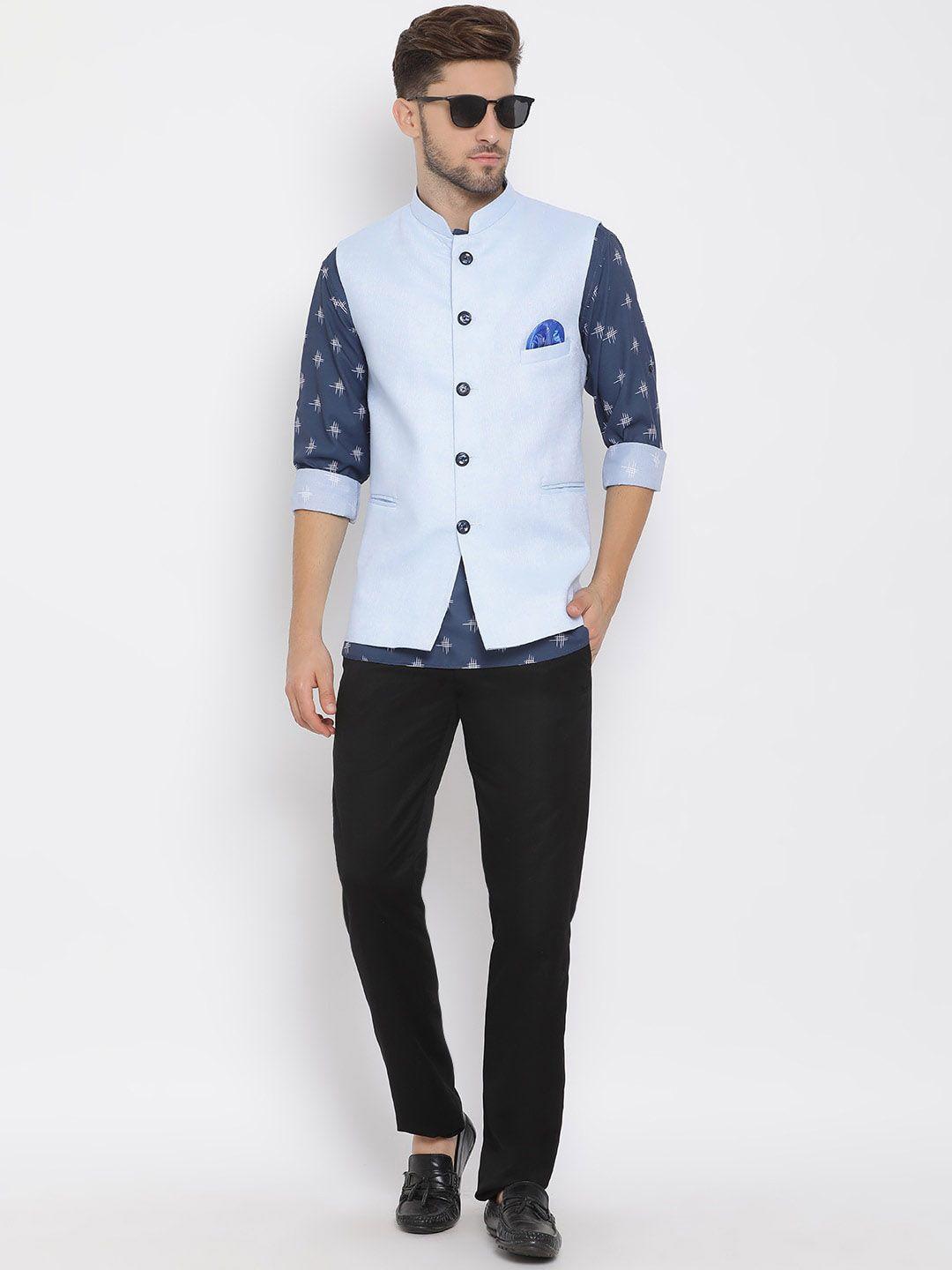 hangup trend men ethnic motifs printed linen kurta with trousers & nehru jacket