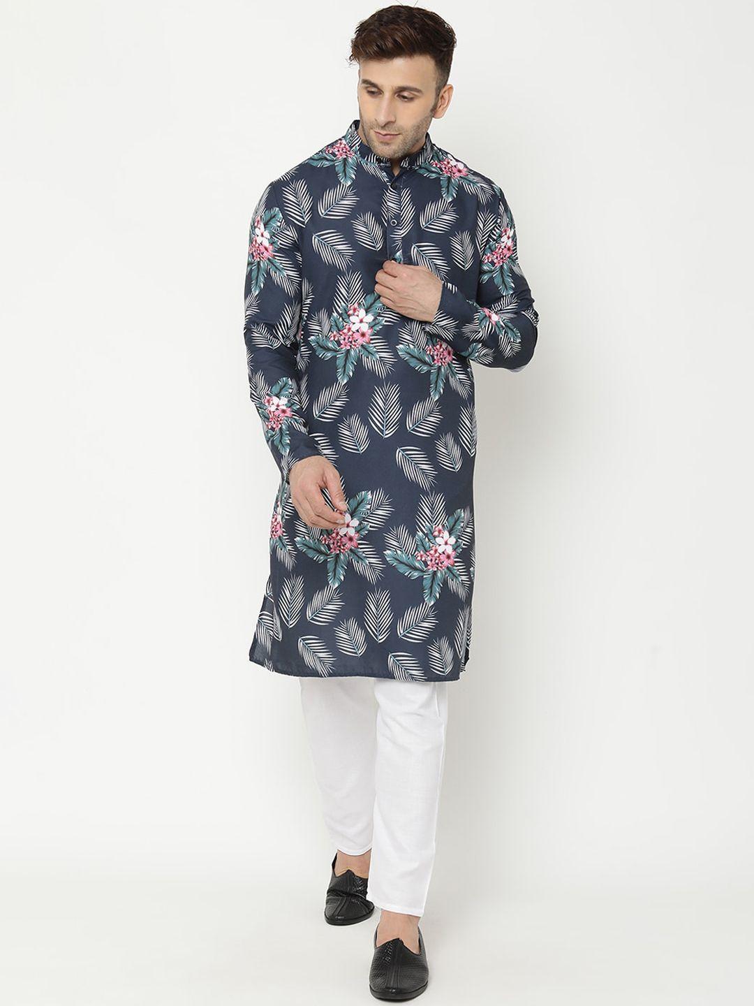 hangup trend men floral printed kurta & trousers with nehru jacket