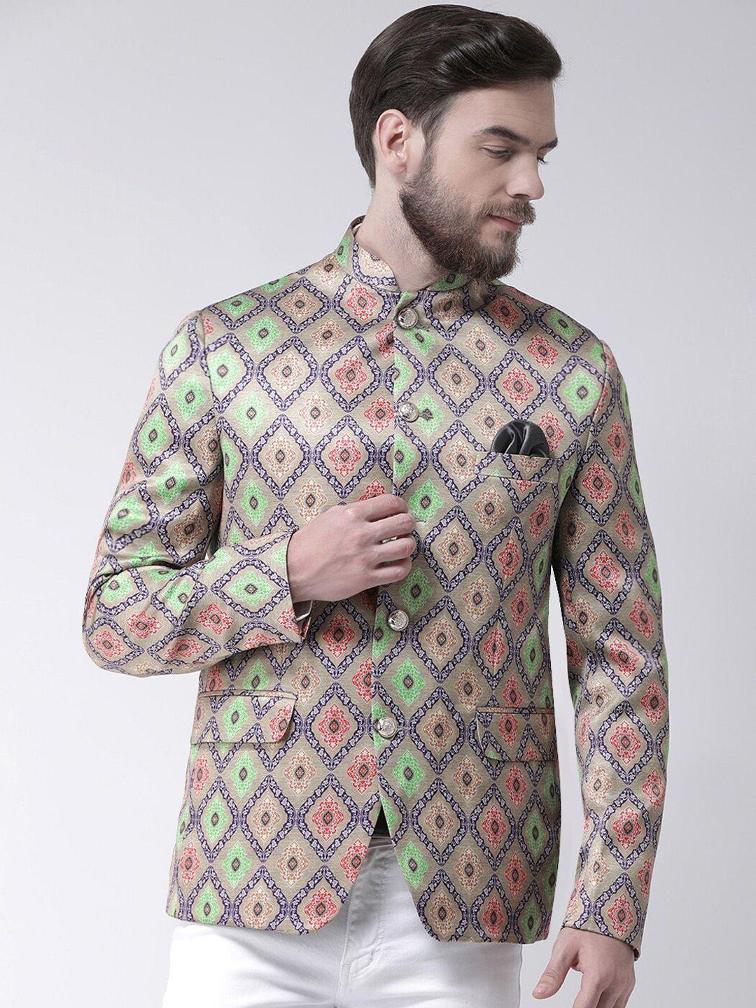 hangup trend men green & grey printed regular fit single breasted ethic blazer