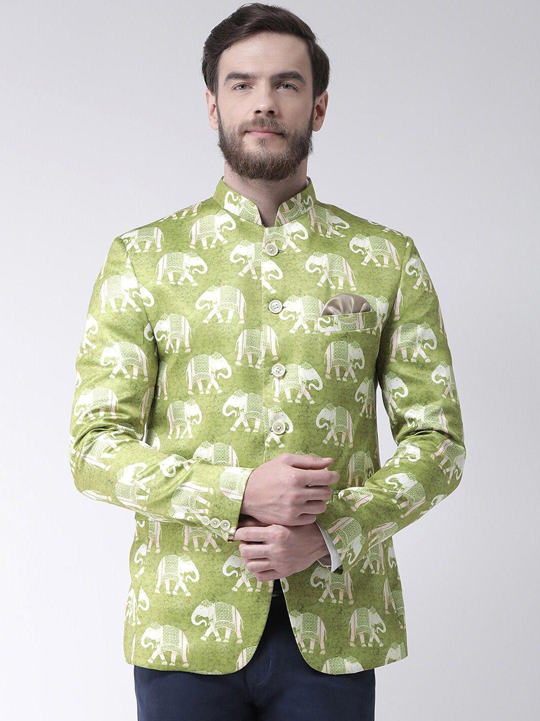 hangup trend men green printed bandhgala blazer