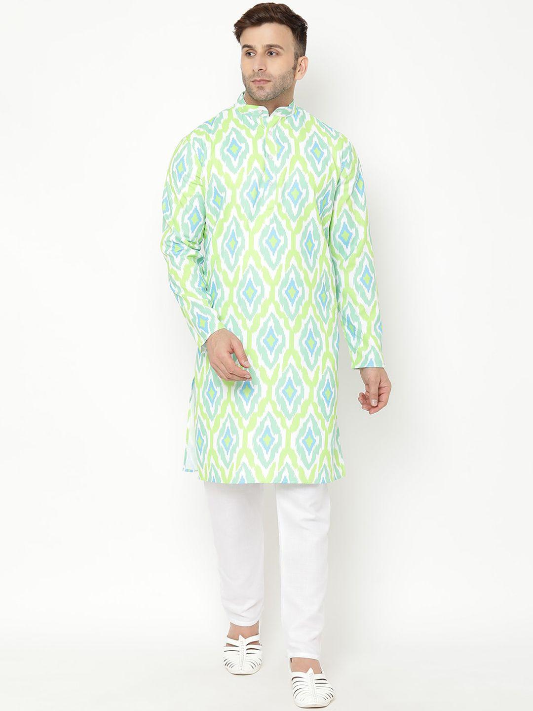 hangup trend men green printed kurta with pyjama & nehru jacket set