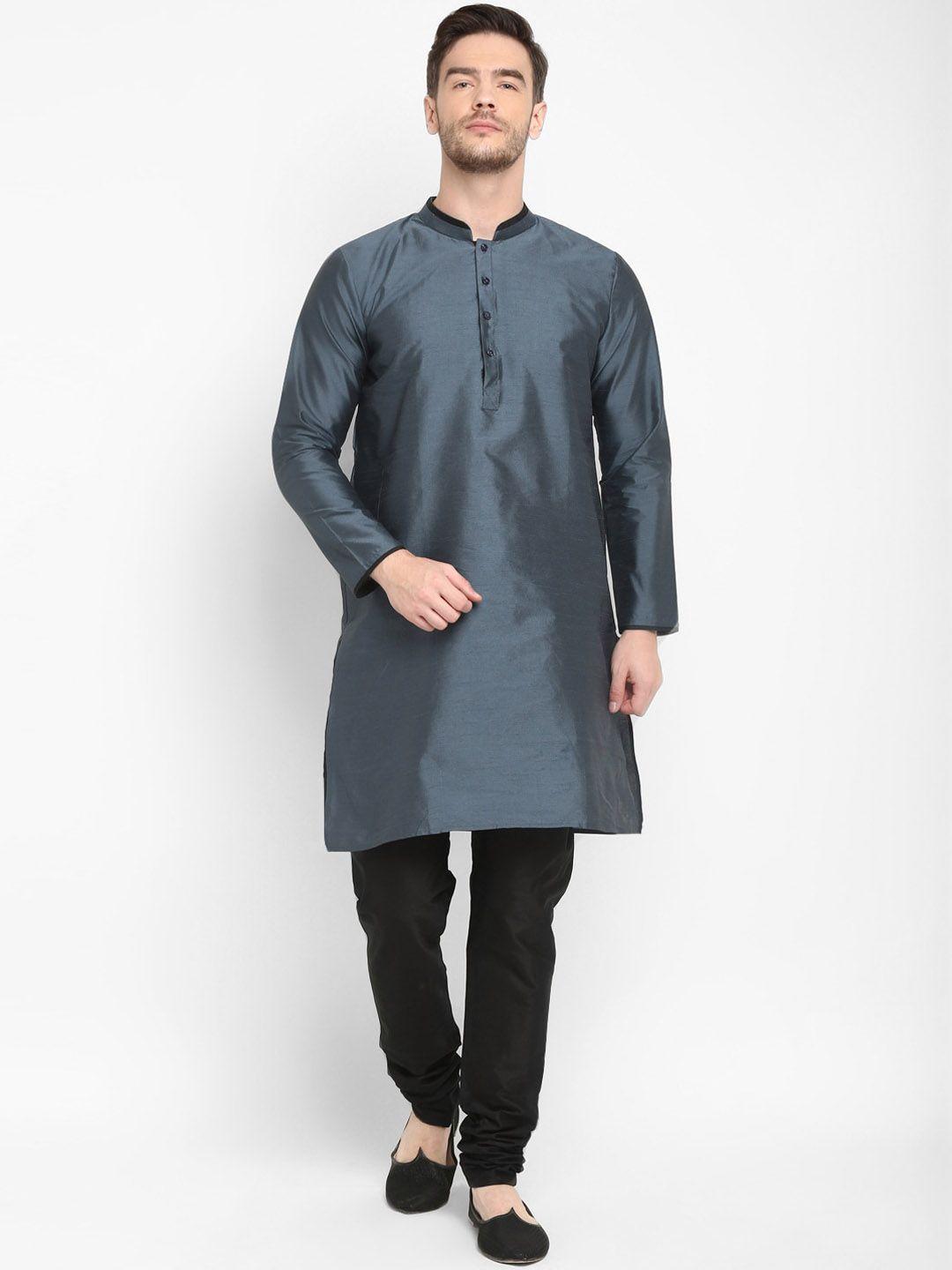 hangup trend men grey & black solid kurta with churidar
