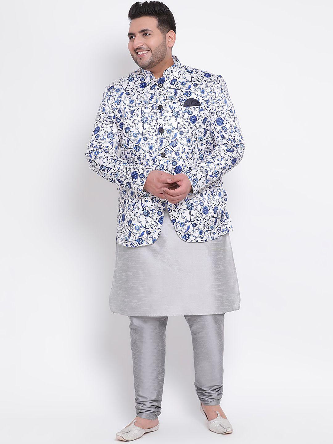 hangup trend men grey printed regular fit kurta with pyjama and nehru jacket