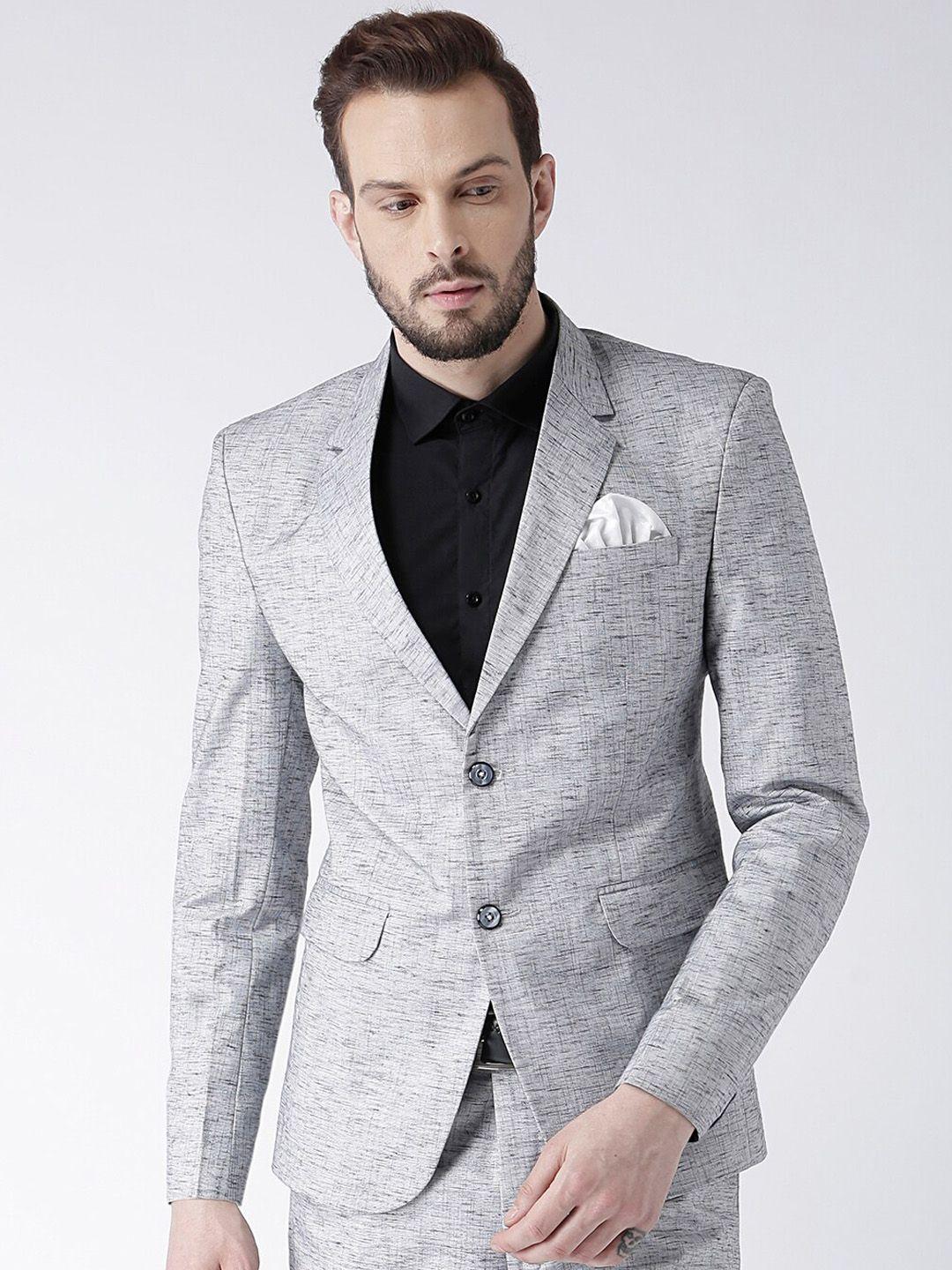 hangup trend men grey solid linen regular fit single breasted formal blazer