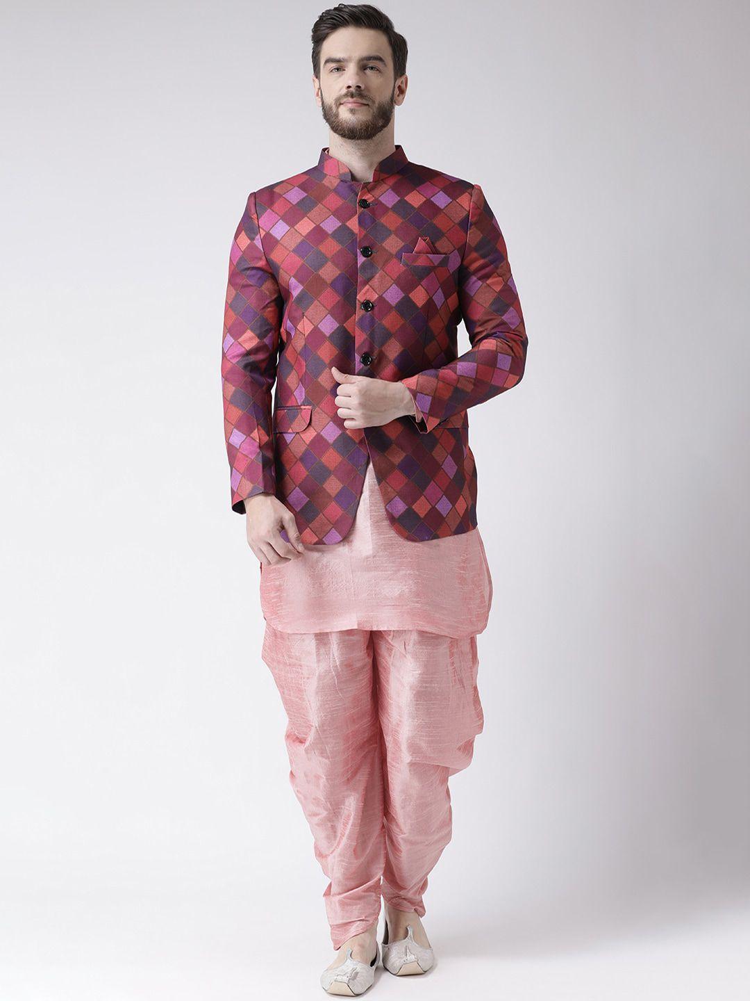 hangup trend men kurta with dhoti pants & geomertic printed nehru jacket