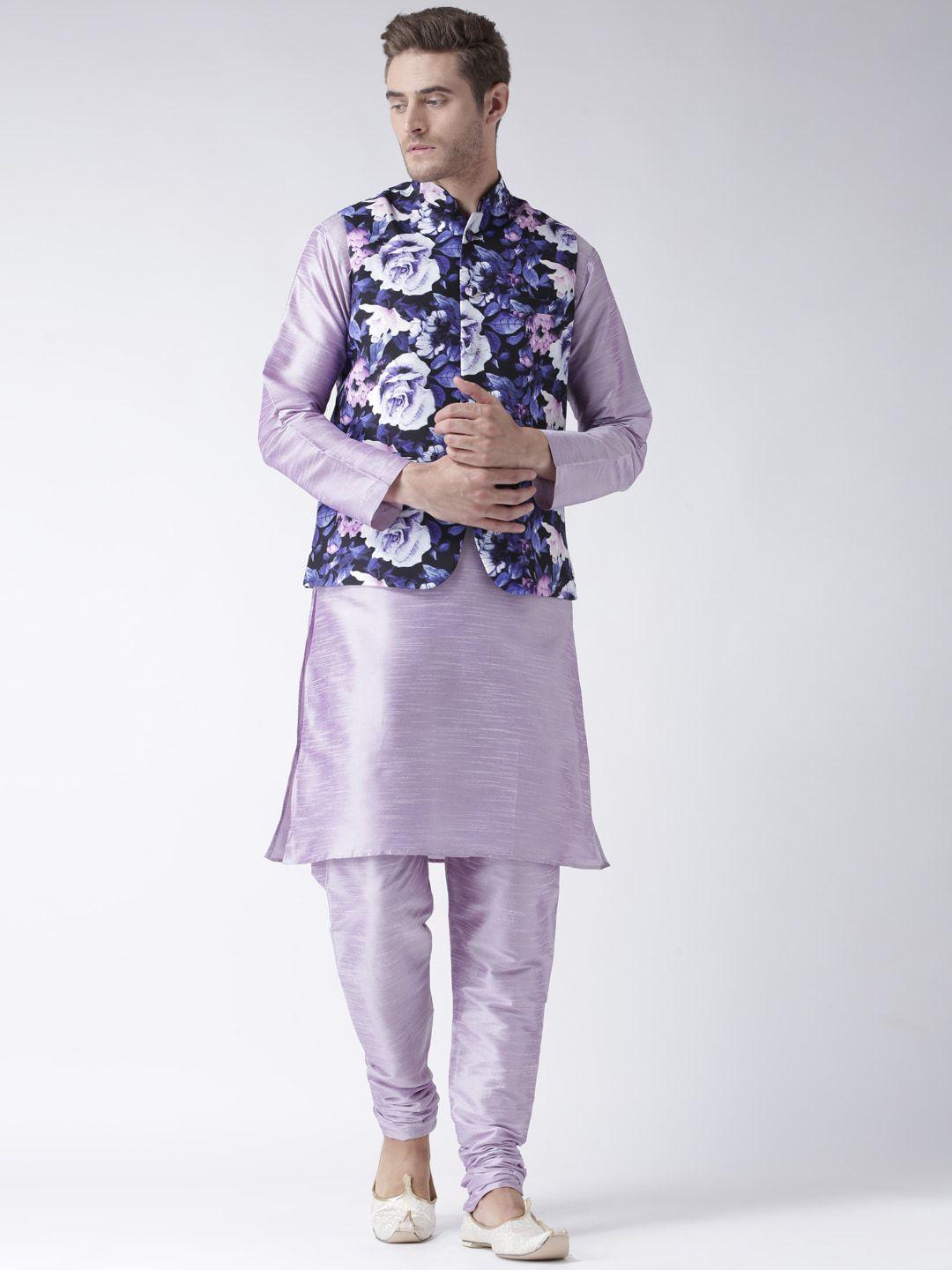 hangup trend men lavender raw silk kurta with churidar
