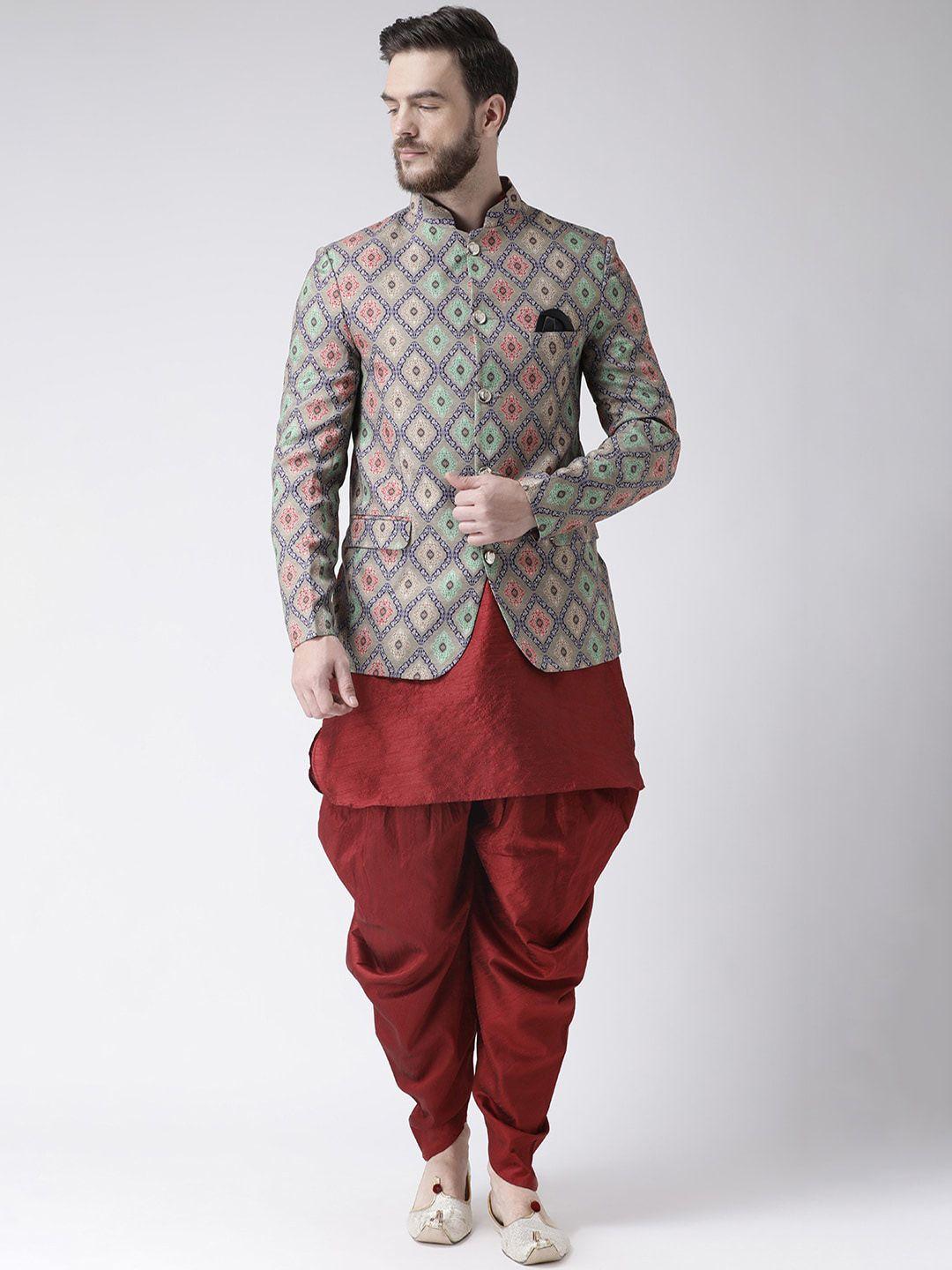 hangup trend men mandarin collar kurta with dhoti pant &  jacket