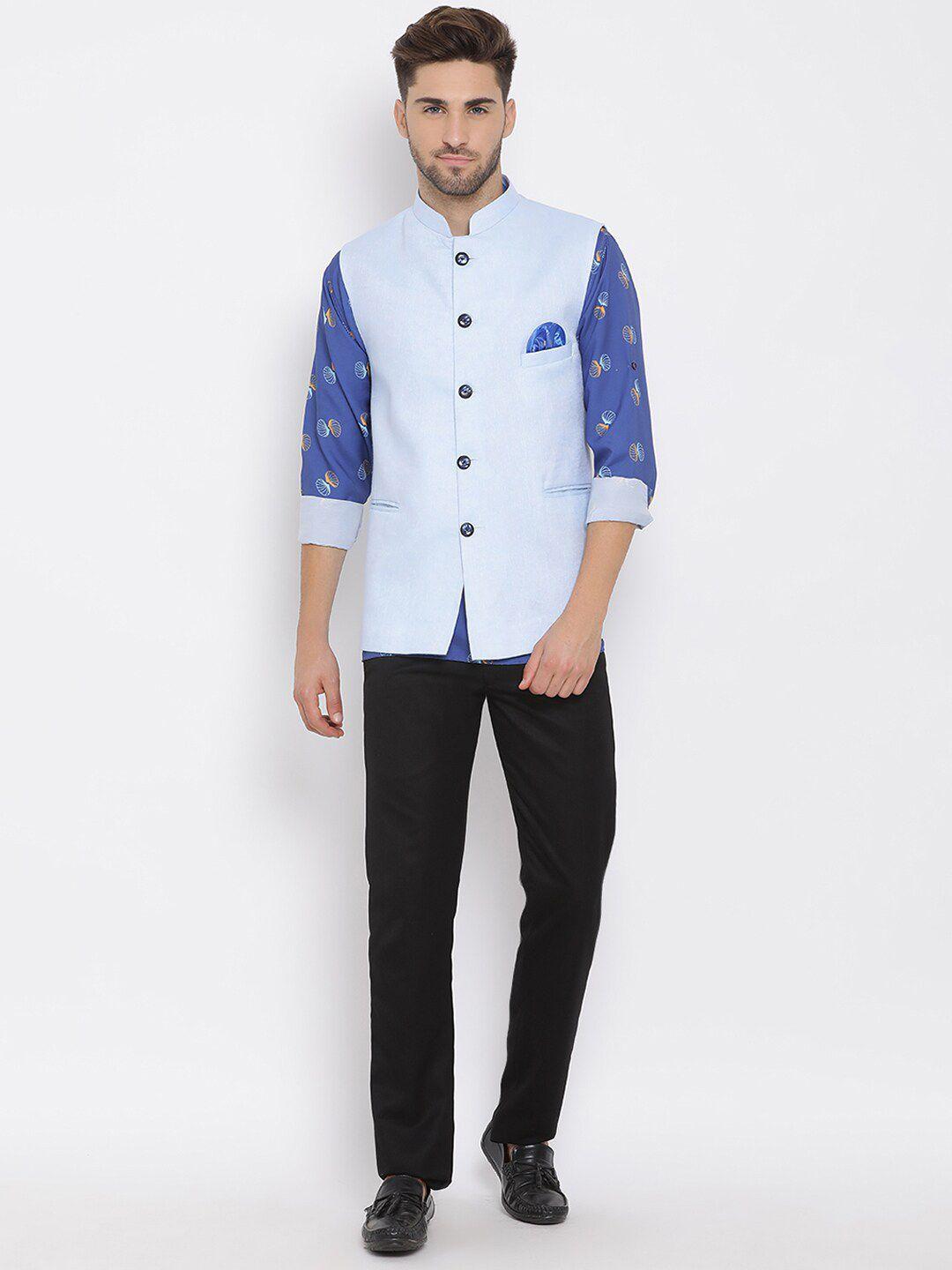 hangup trend men mandarin collar printed linen kurti & pyjamas with nehru jacket
