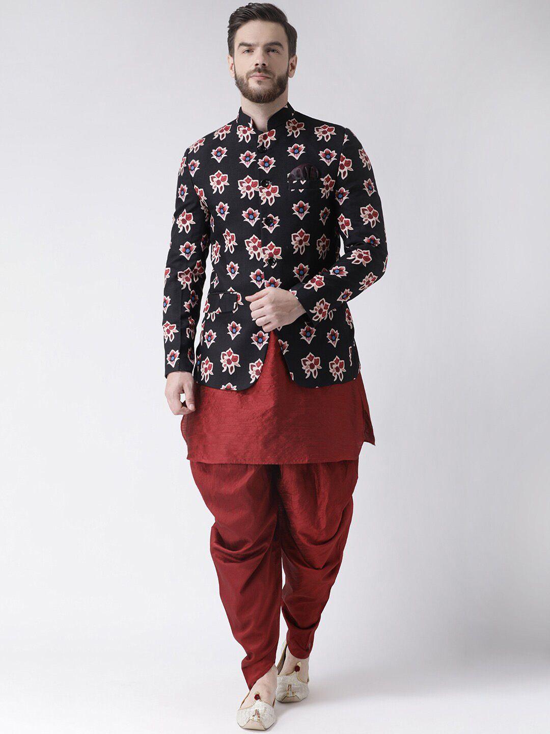 hangup trend men maroon & black straight kurta with salwar & with printed nehru jacket