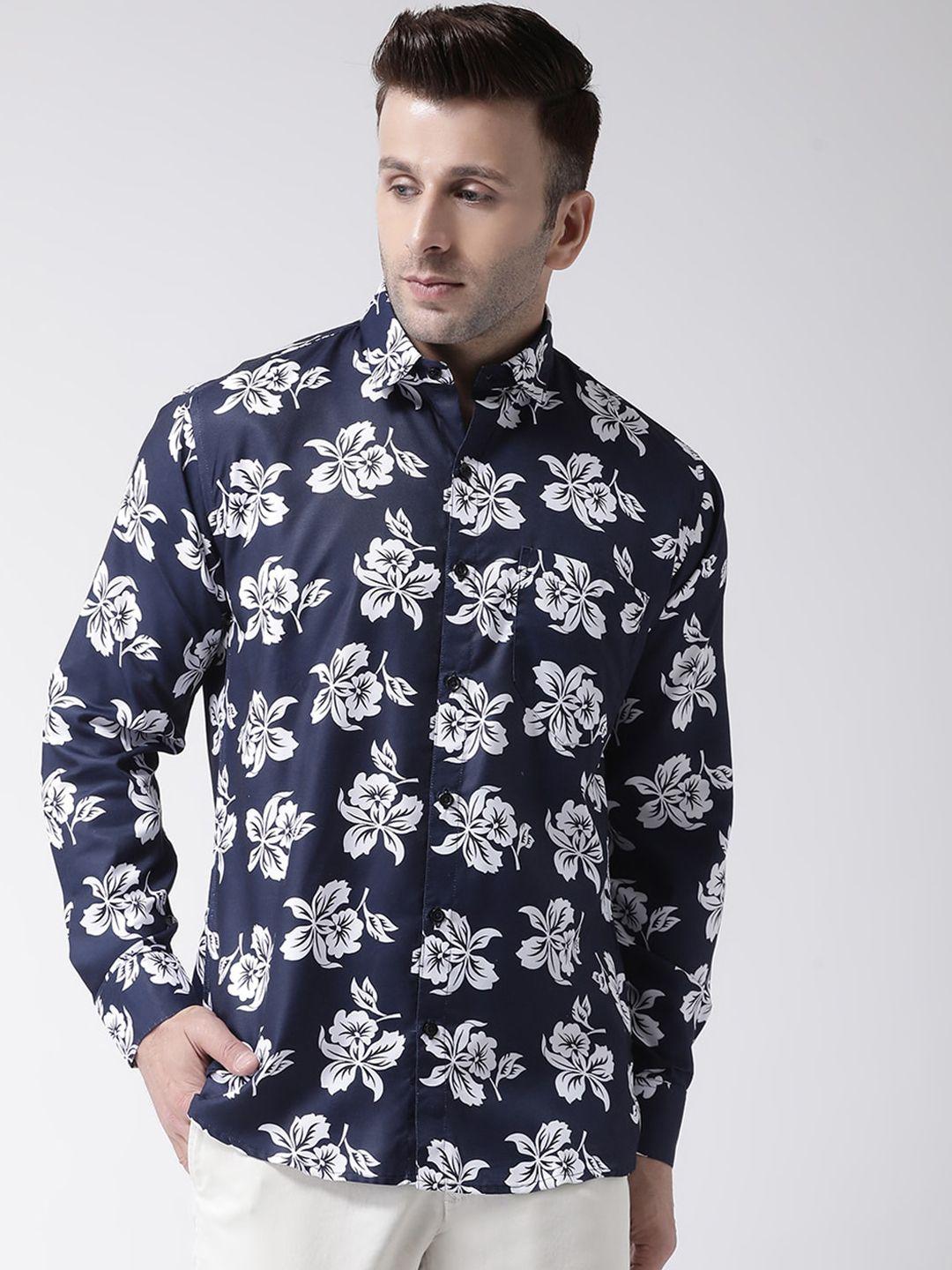 hangup trend men navy blue & navy blue slim fit printed casual shirt