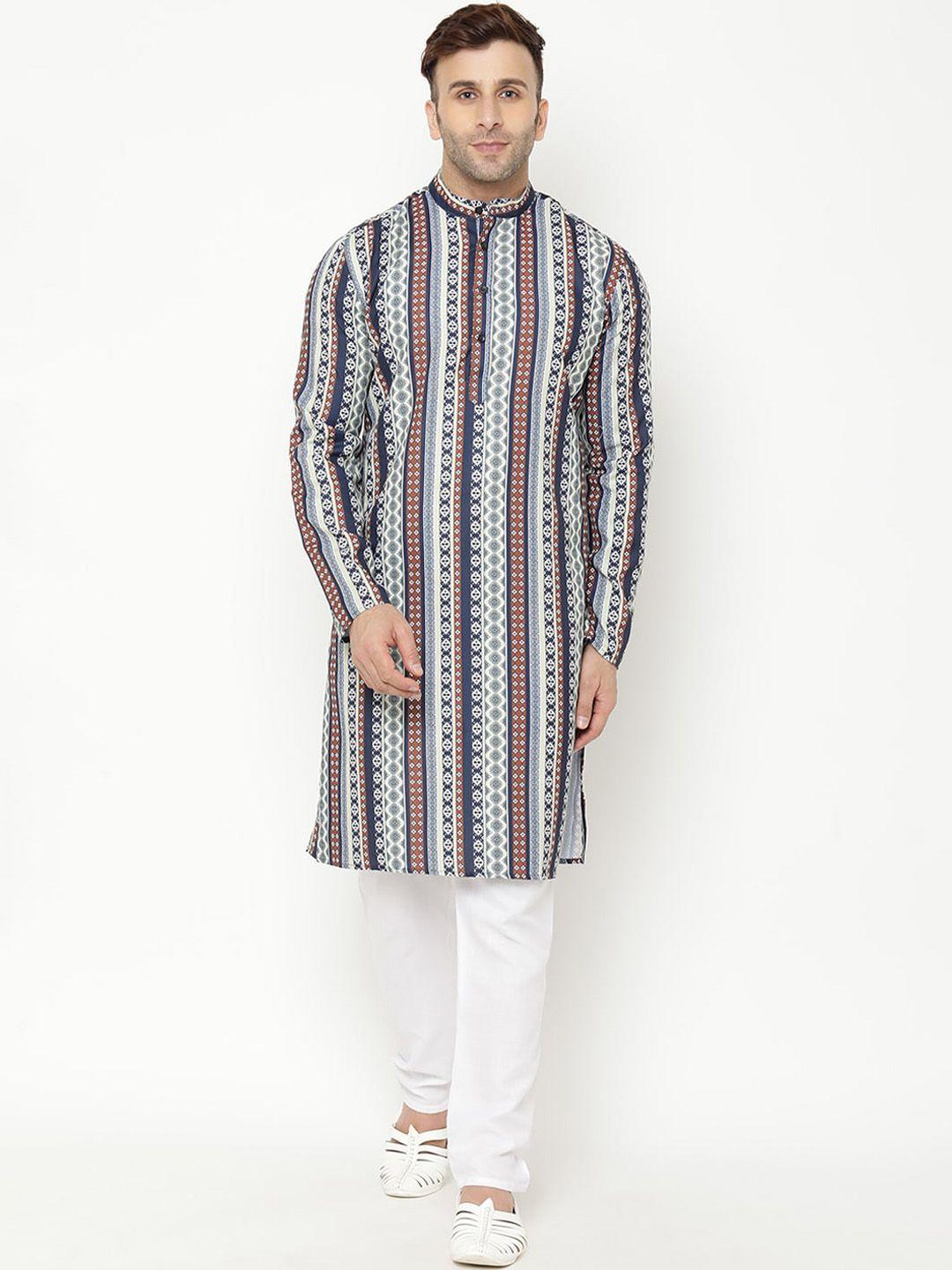 hangup trend men navy blue printed kurta with churidar