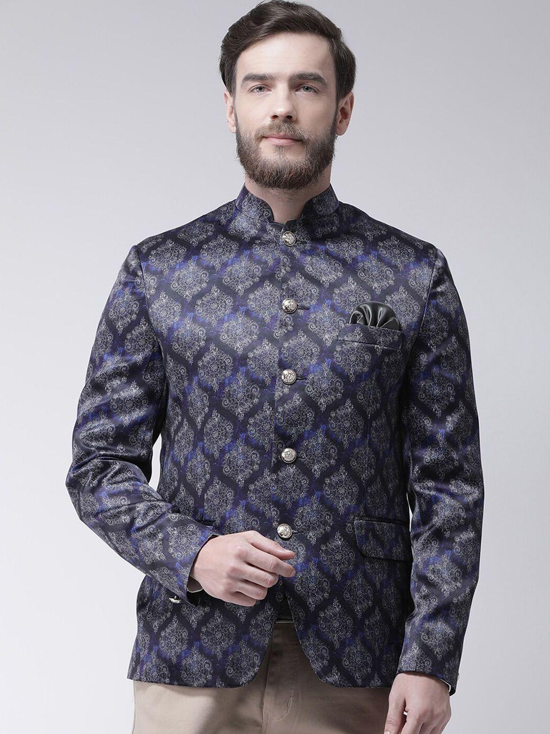 hangup trend men navy blue printed single-breasted bandhgala blazer