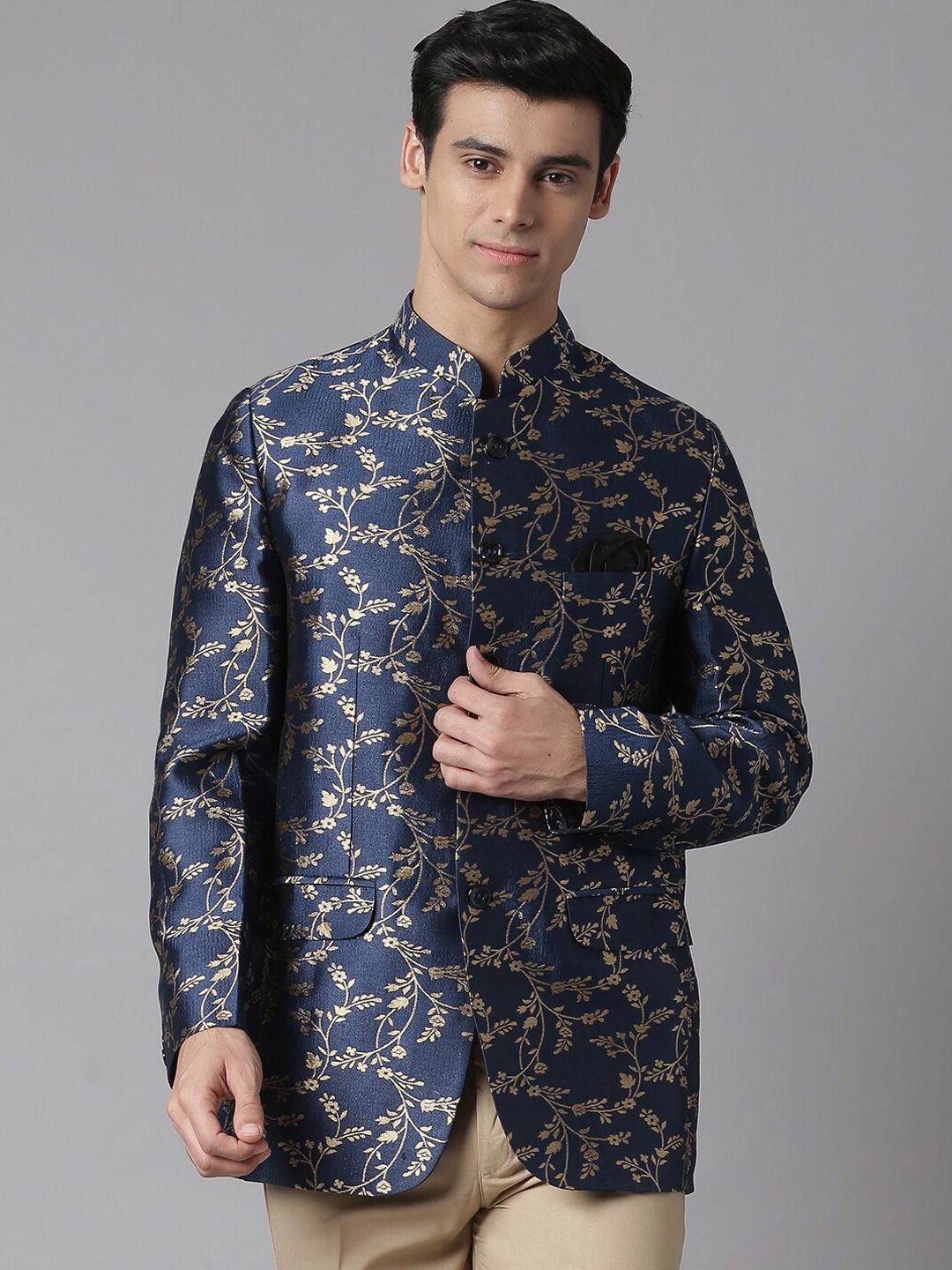 hangup trend men navy blue printed single breasted party blazer