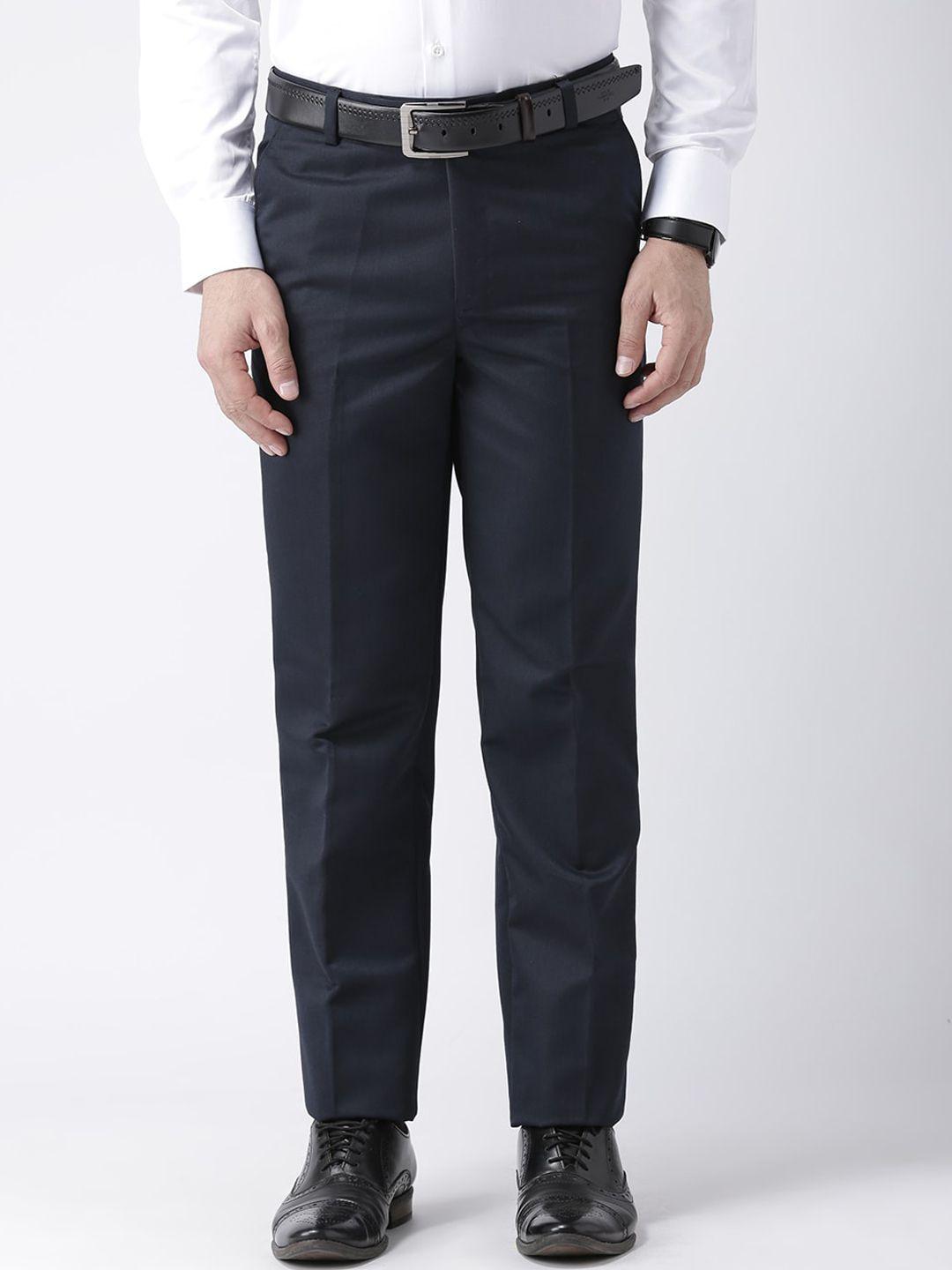 hangup trend men navy blue regular fit solid formal trousers