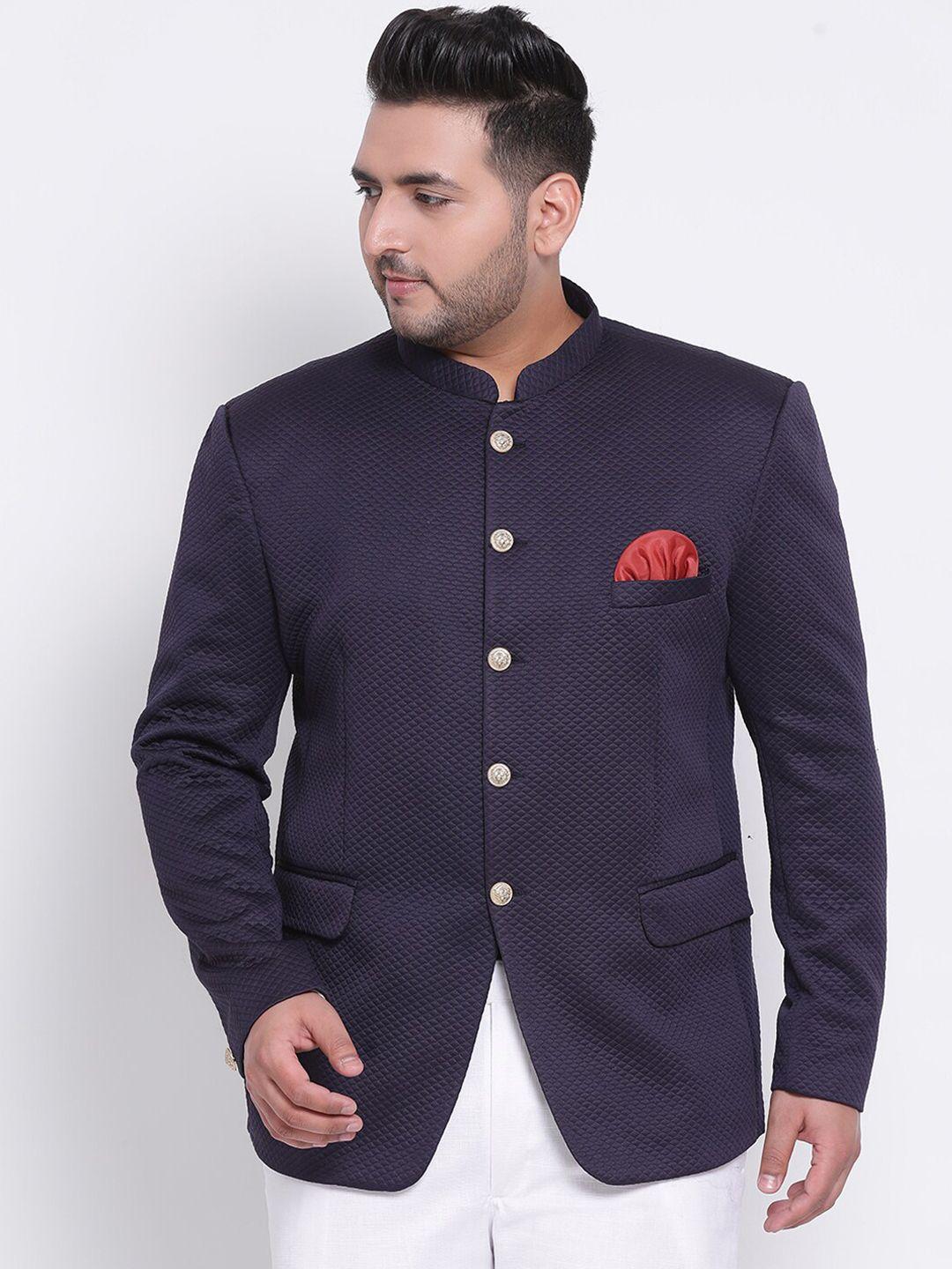 hangup trend men navy blue self-design bandhgala blazer