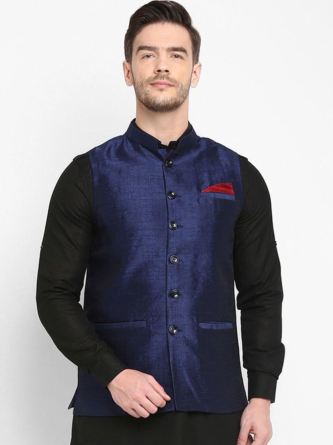 hangup trend men navy blue solid silk nehru jacket