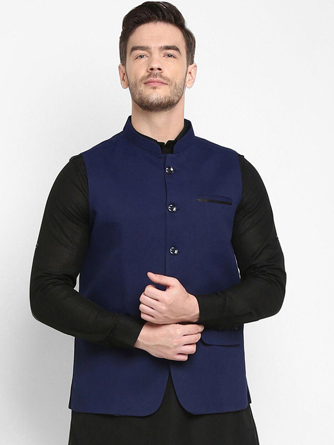 hangup trend men navy-blue solid woven nehru jacket
